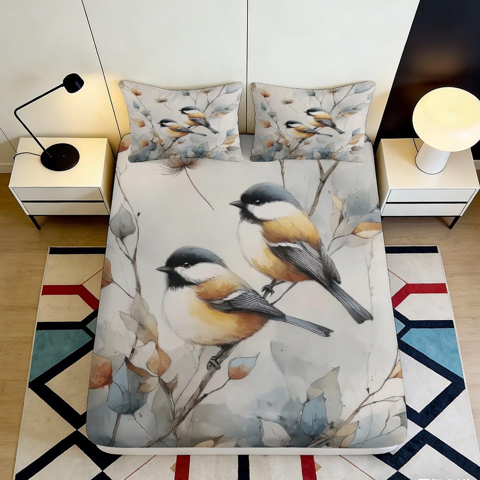 Pnayamiorkfel Style-2 3D Printed Watercolor Bird Fitted Sheet Microfiber Soft Anti-Slip Autumn Branches Bed Cover For Bedroom Guest Room 90X200x25cm
