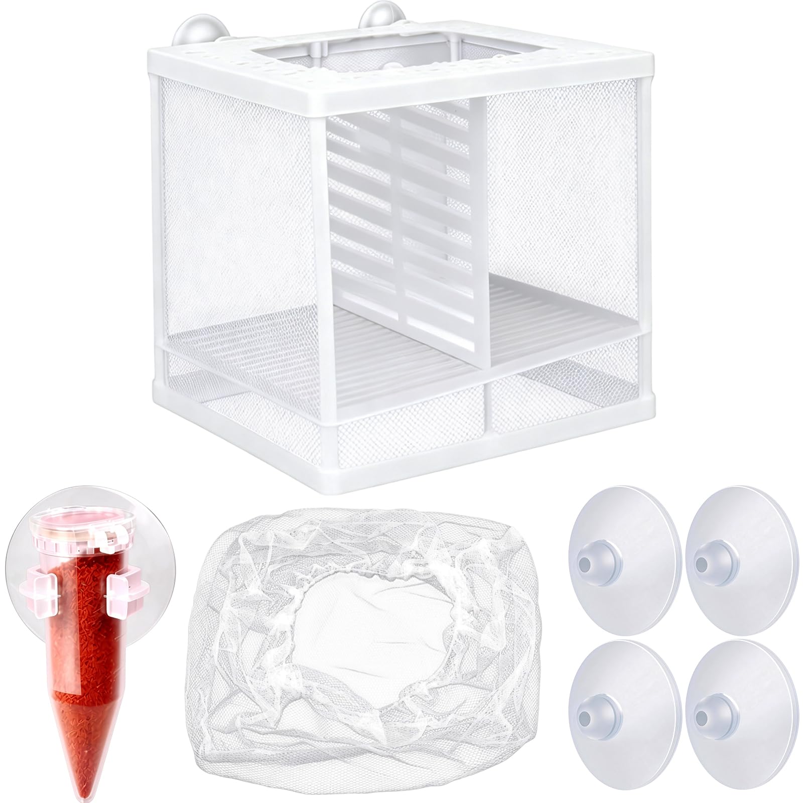 7 Pcs Fish Breeding Box with Mesh, Aquarium Hatchery & Nursery Isolator, Detachable Divider with 4 Suction Cups for Newborn Fry, Shrimp, Betta, Safe Fish Tank Incubator, White, Plastic