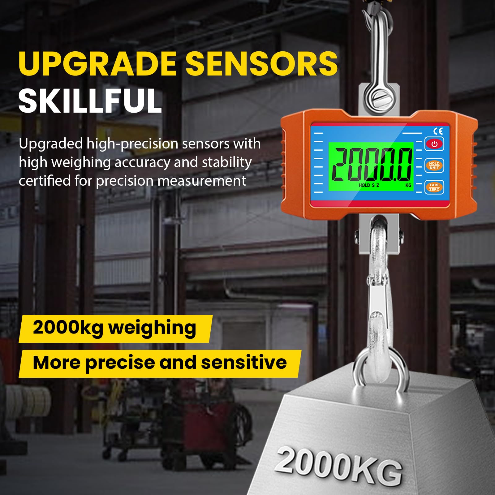 Bilancia sospesa, 2000 kg/4400 lbs, bilancia digitale sospesa, display LCD, bilancia portatile elettronica con telecomando, bilancia industriale con sensore preciso (senza batteria)