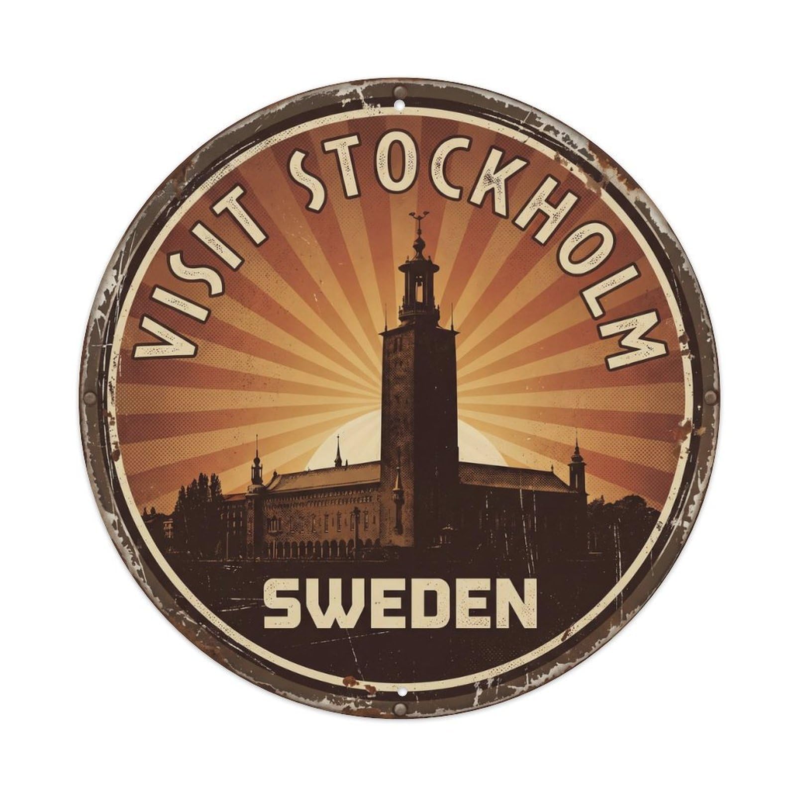 Cmhok Vintage Style-5 Vintage Travel Stockholm Sweden Artwork Metal Tin Sign Plaque Wall Decor For Cafe, Club, Garden Round Metal Poster 8X8inch