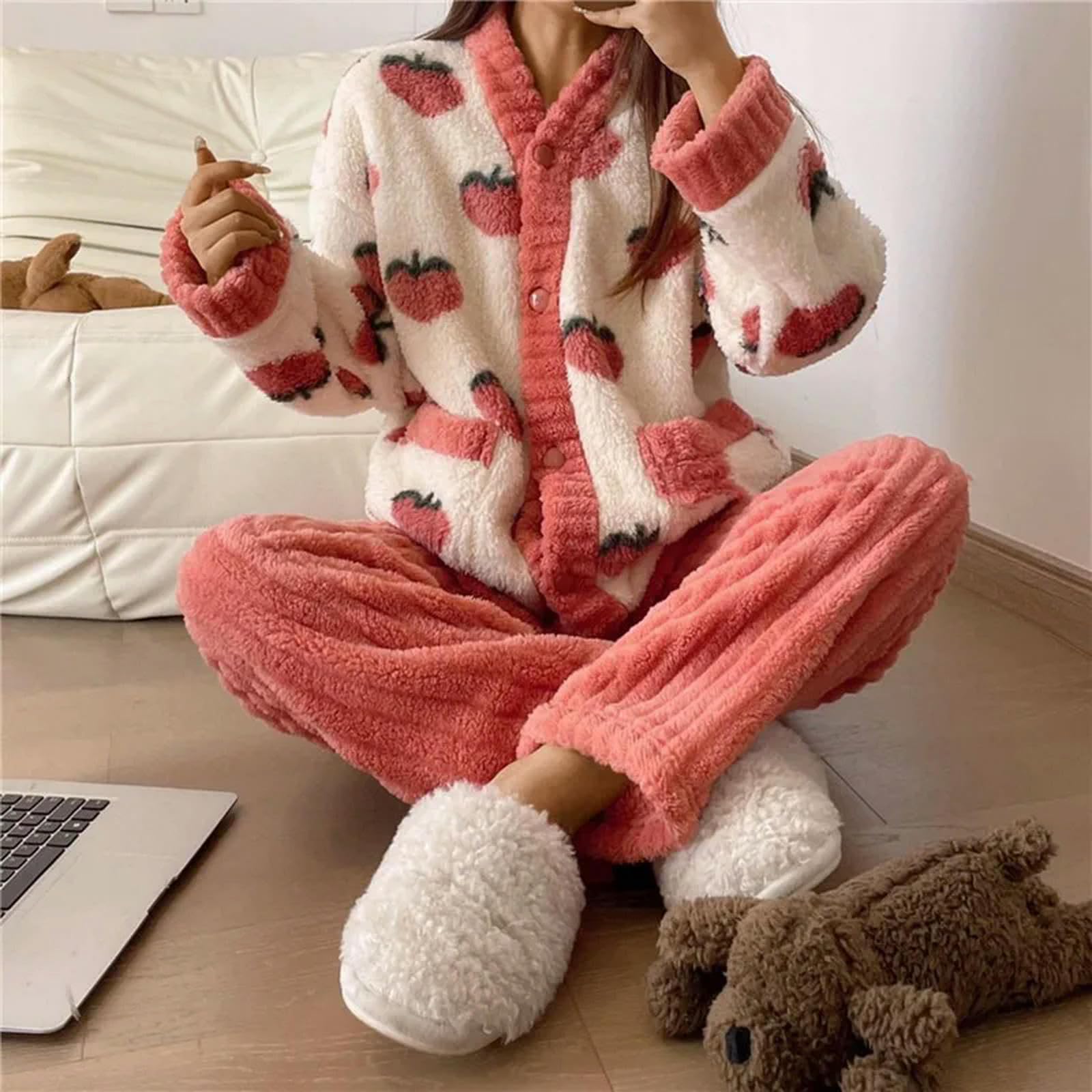 MdybF Pigiama Donna Donne Piccola Set Autunno Inverno Caldo Spesso Homewear A Manica Lunga Abbigliamento da Sonno Abbigliamento per Pigiama Femmina