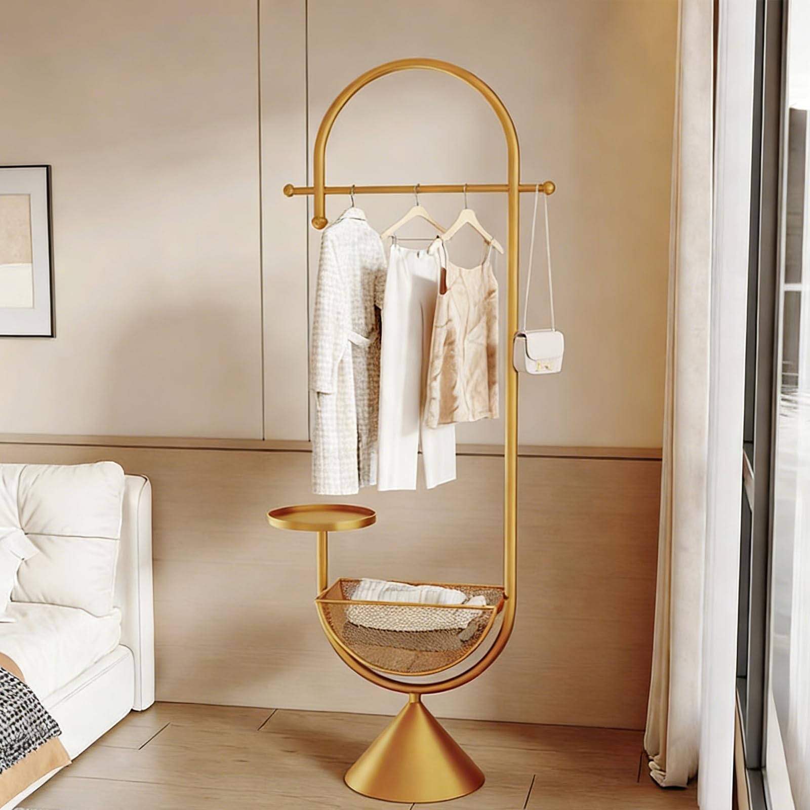 Js Space Gold Metal Freestanding Coat Rack With Shelf And Storage Basket Coat Hanger Stand For Entryway, Bedroom Or Living Room