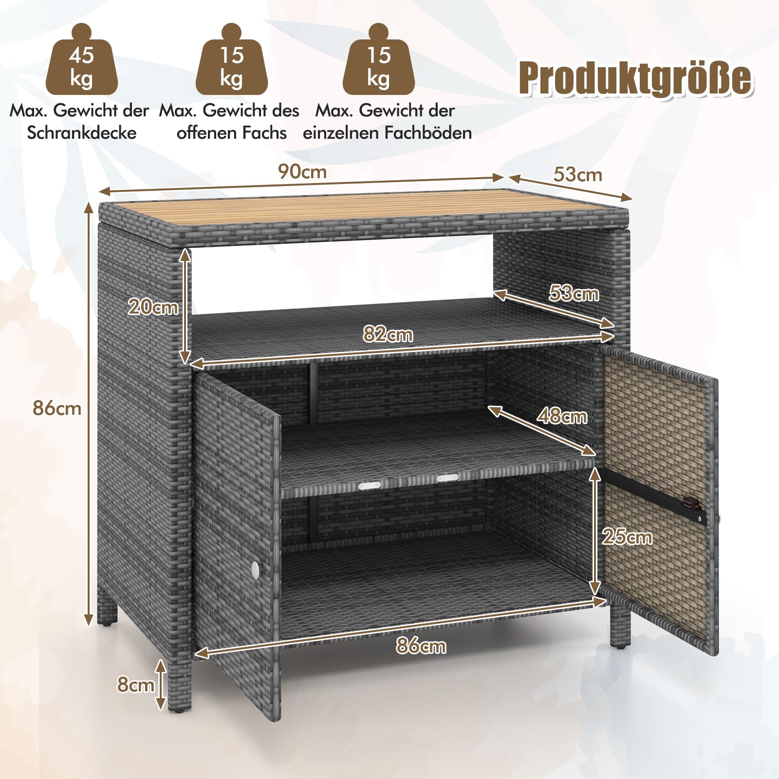 GYMAX Gartenschrank Rattan Terrassenschrank Doppeltür Akazienholz Arbeitsplatte offenes Regal Outdoor Aufbewahrungsschrank 90x53x86 cm Grau