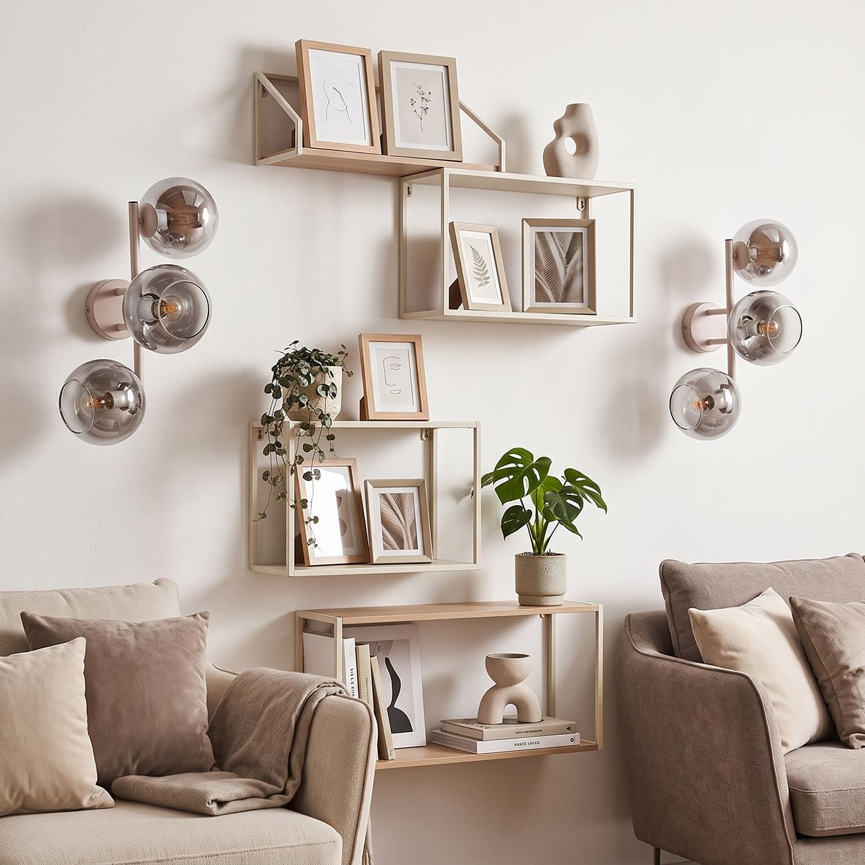 HOFSTEIN Wandleuchte Koyoto 2er Set, moderne Wandlampe aus Metall/Glas ins Sandfarben/Weiß/Chrom/Rauch/Klar, Leuchte im Retro/Vintage/Boho-Design, Schirme Ø 15cm, 3xE14, Schlafzimmer, Wohnzimmer, Flur