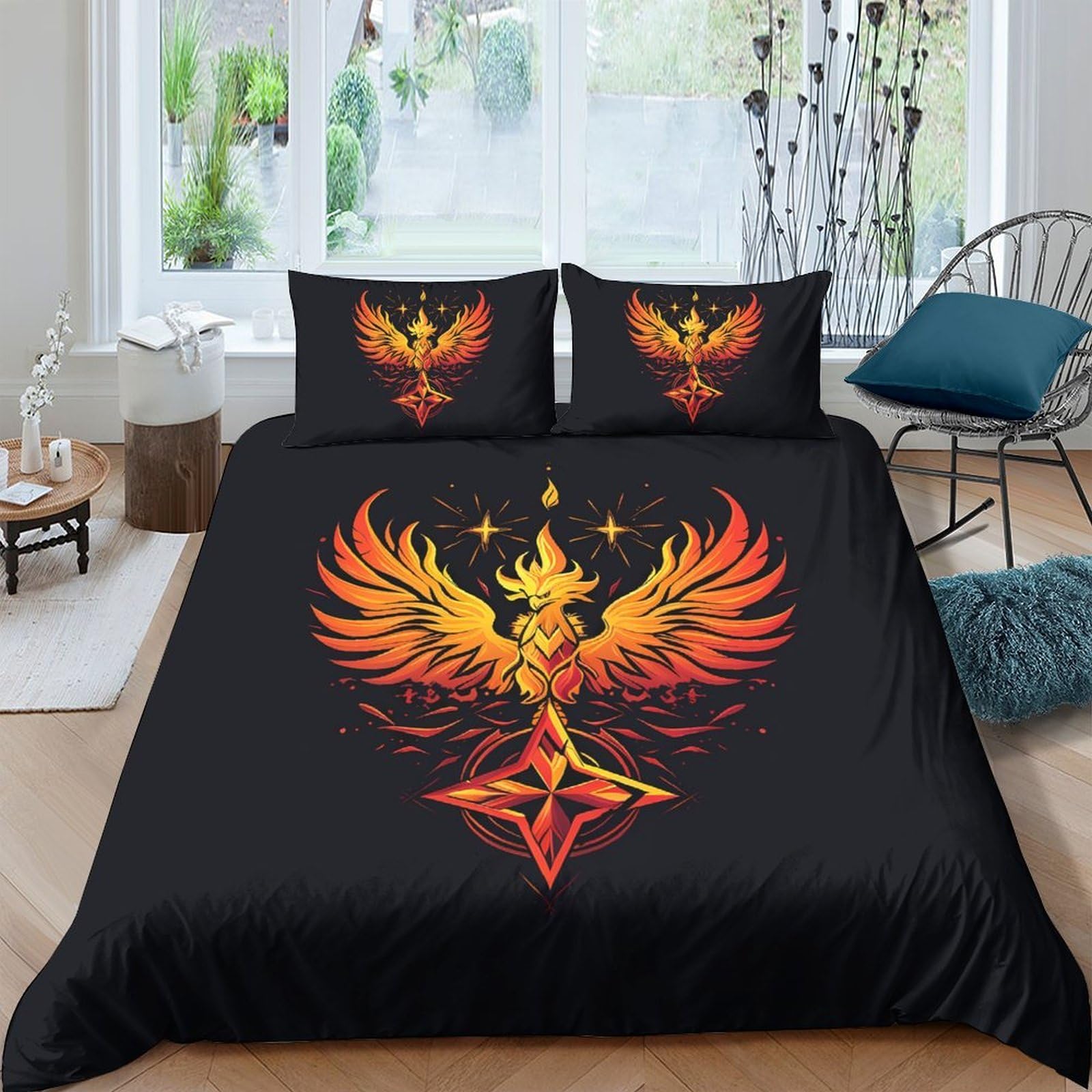 Ctjqhvkz Style-8 3D Printed Phoenix Flame Fitted Sheet Microfiber Soft Black Bed Cover Dorm Bedroom Anti-Slip Washable Decor Single（135X200cm）
