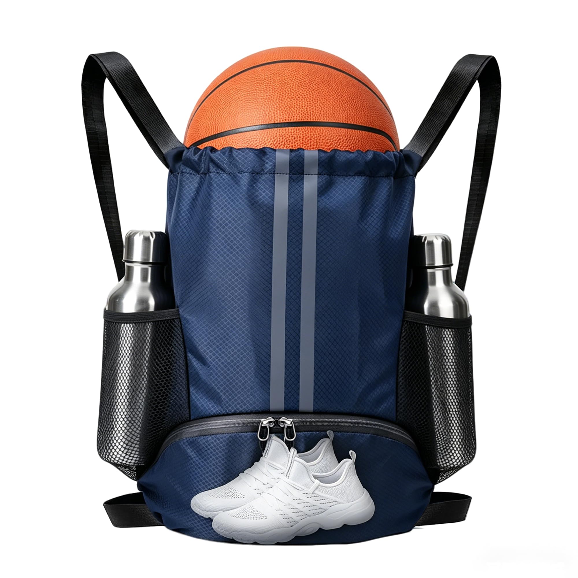 YEVOPOU Navy Blue Sports Drawstring Backpack with Shoes Compartment, String Gym Bag with Wet Proof Pocket for Basketball, Soccer, Swim, Sport Bag for Men and Women