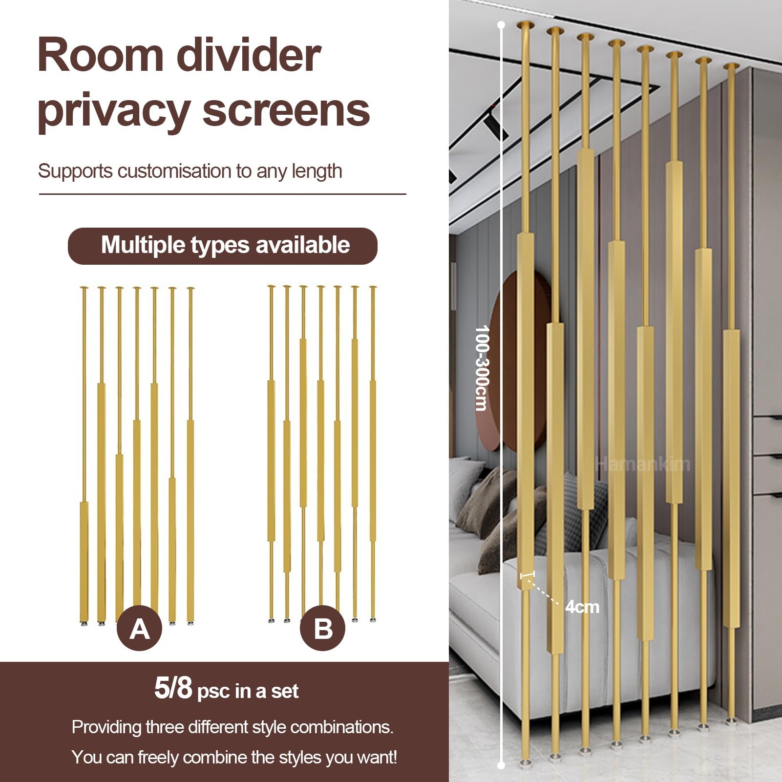 Biombo Separador de ambientes Gold Paravent | Panel divisorio Independiente para Pasillo de Entrada y Escalera | Mampara de privacidad de 5/8 Piezas con Listones metálicos(5pcs-A,120cm/47in/3.9ft)