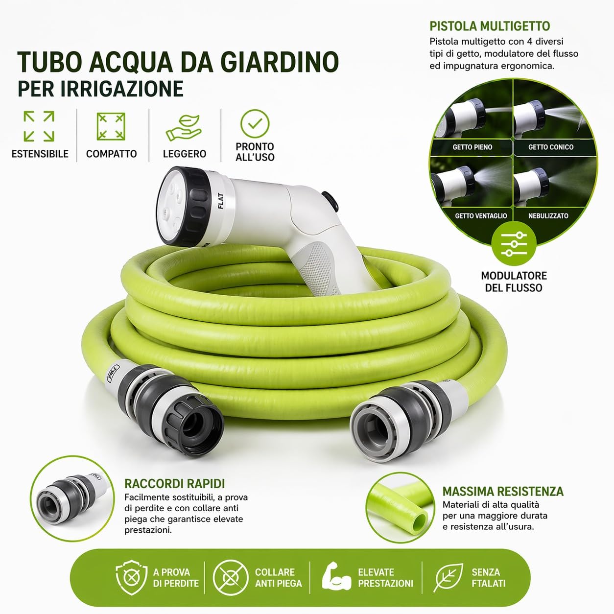 Tubo Acqua Giardino Estensibile con Pistola Multigetto Compatto Leggero Antipiega con Raccordi Rapidi con Sistema Aquastop per irrigazione Lavaggio (25 metri)
