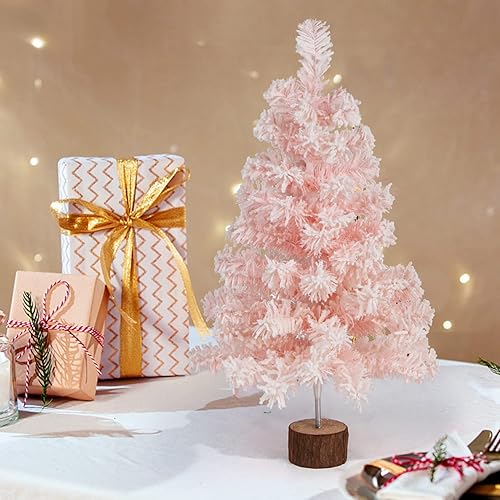 Miniatura 7 de CCINEE Árbol de Navidad artificial rosa, mini árbol de Navidad rosa de 2 pies con escarcha de nieve flocada y soporte de plástico para porche, mesa