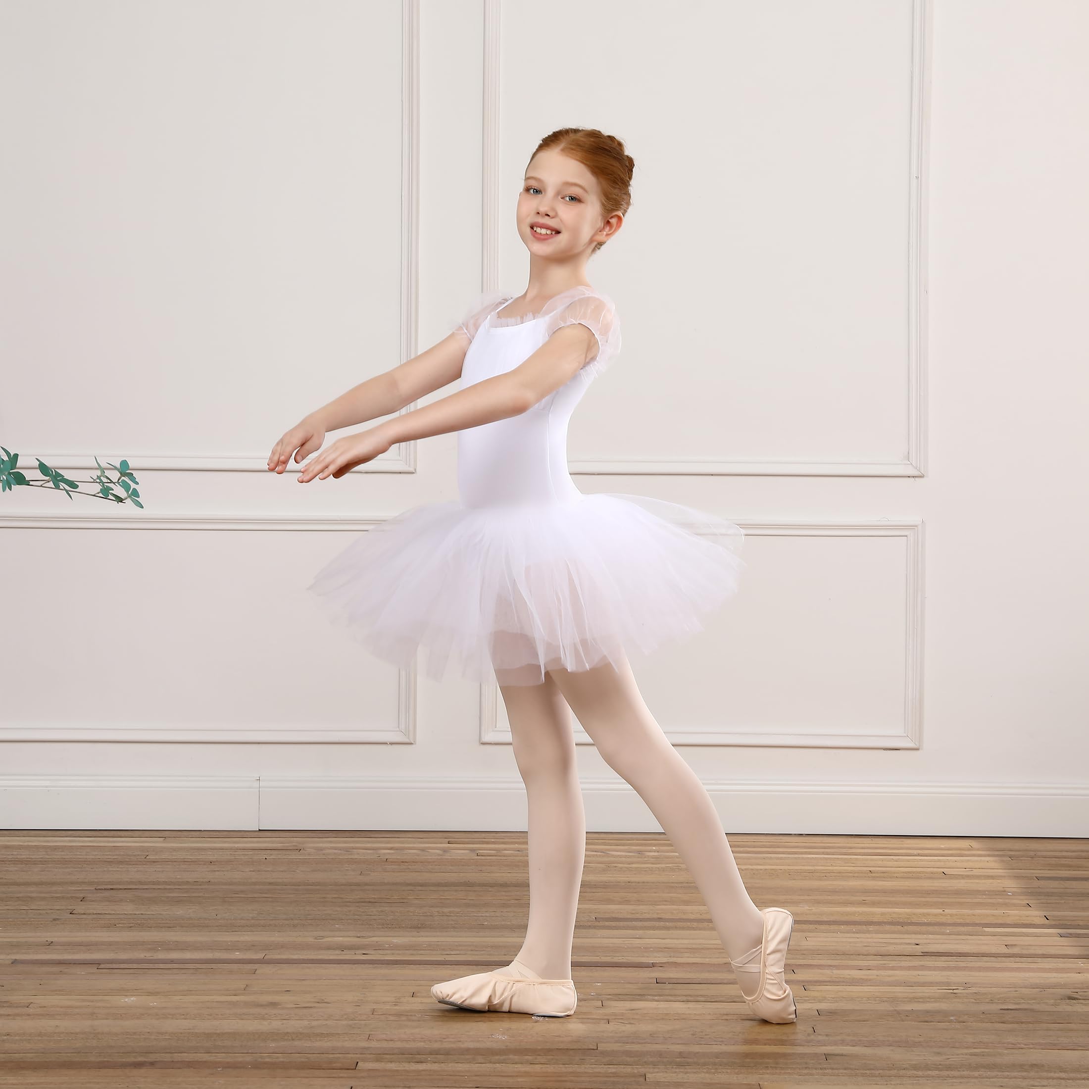 Tutu de Danse Classique pour Filles en Manches Ballon Tulle - Robe de Ballet Justaucorps