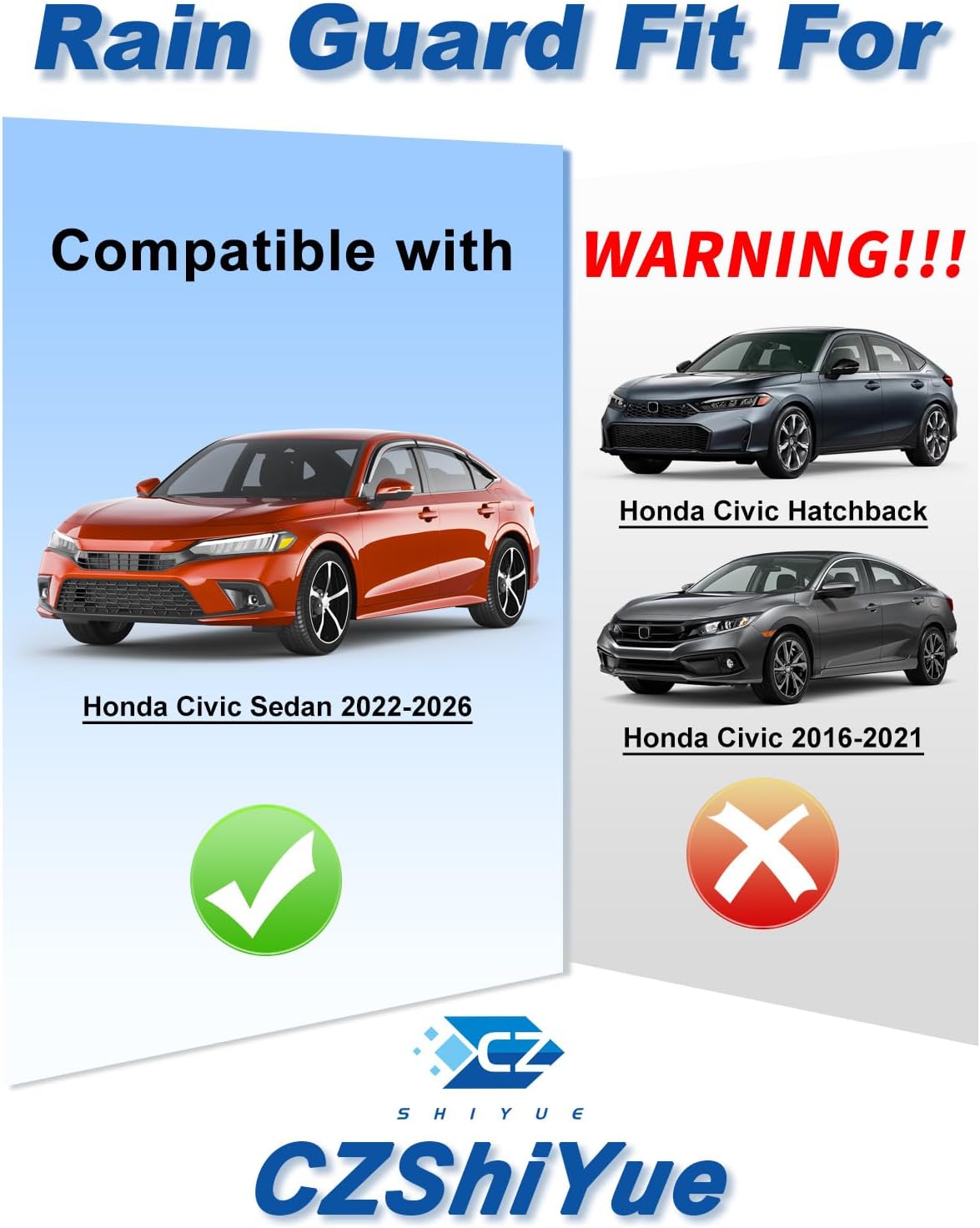 6-PCS Extra-Thick Rain Guards Fit for Honda Civic Sedan 2022-2026 Extra Durable Tape-on Window Rain Guard Window Deflectors Vent Shades Window Visor Vent Visors Exterior
