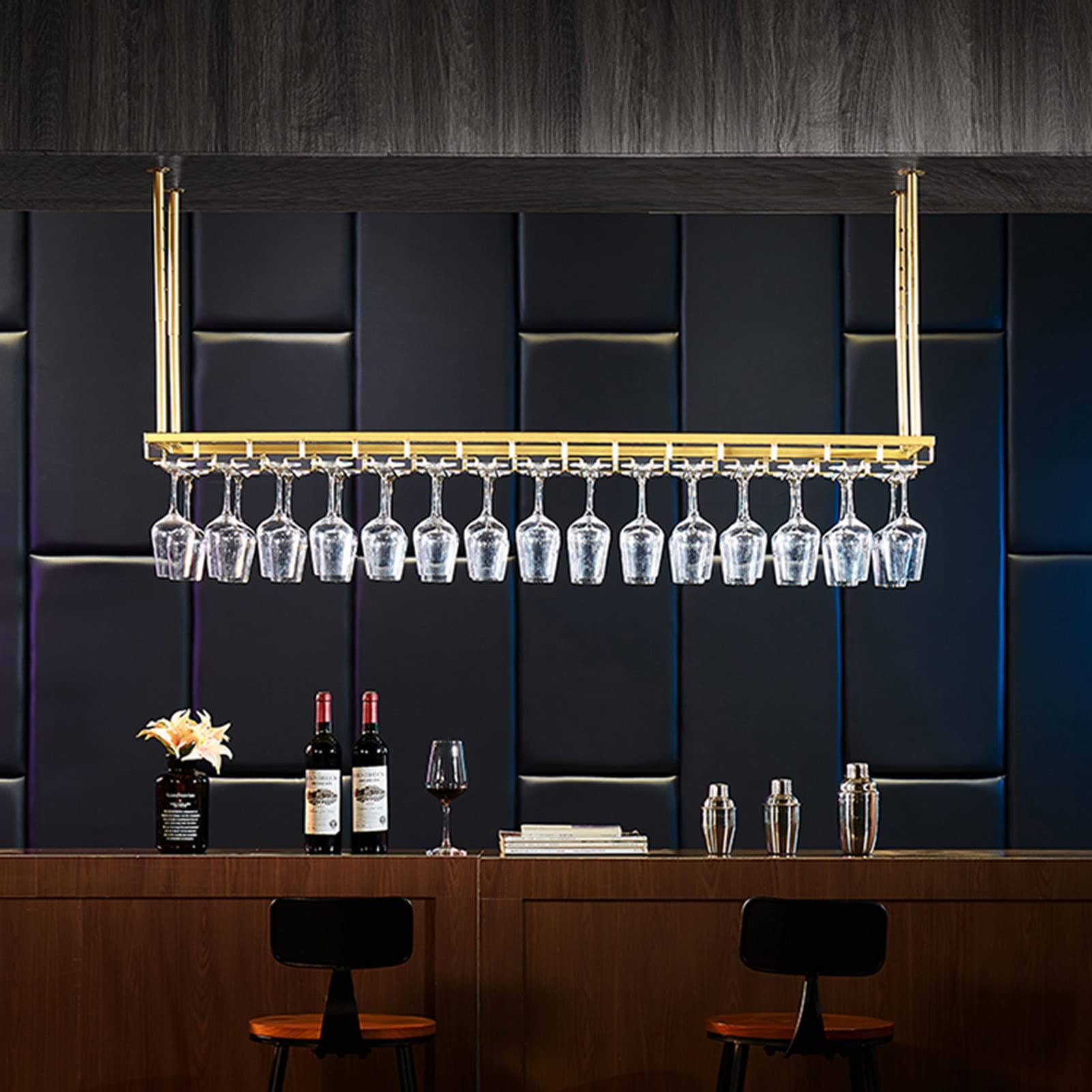 Portabottiglie da appendere al soffitto, sotto l'armadietto, portabottiglie e ripiano portaoggetti per cucina, bar e decorazione per la casa, organizer salvaspazio per vino con design elegante