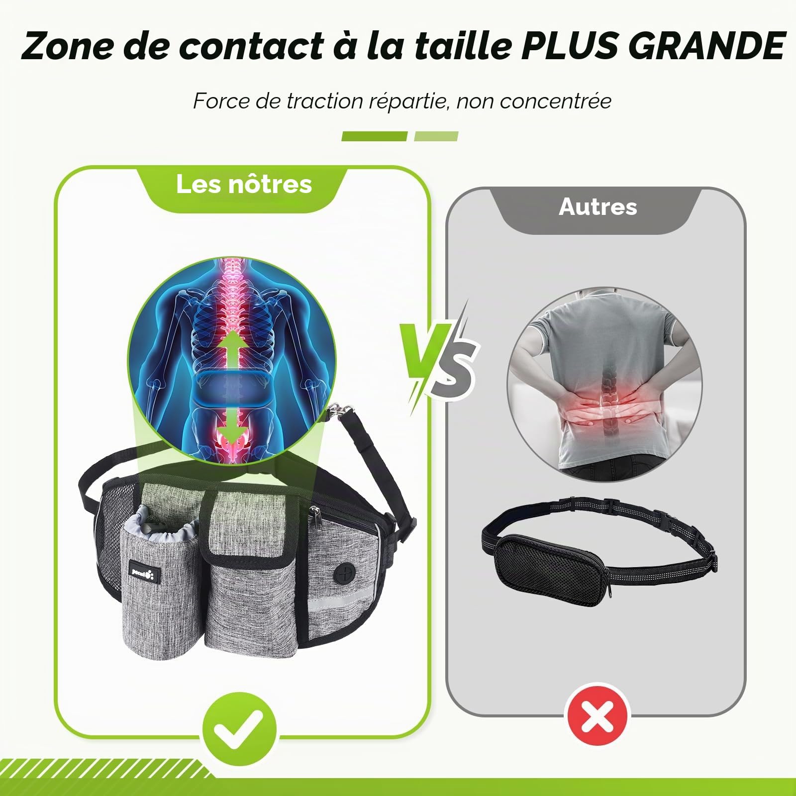 Pecute Laisse Canicross Chien Mains Libres Jusqu'à 50kg Absorption de Choc Couture Réfléchissante