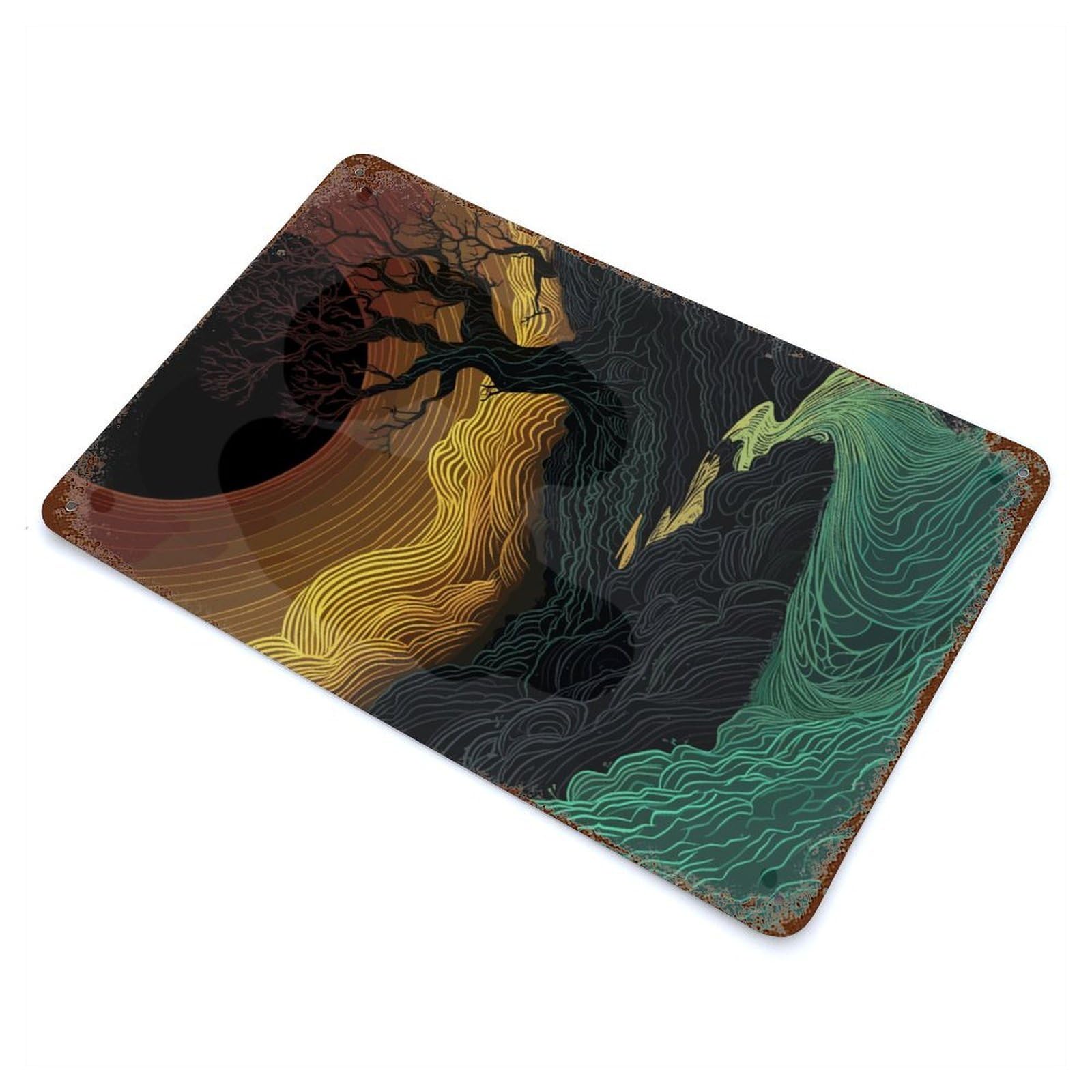 Weathered Tin Sign with Abstract Landscape with River Design 11.8"x7.9", for Basement, Hobby Room And Garage Decor, Industrial Home Decor
