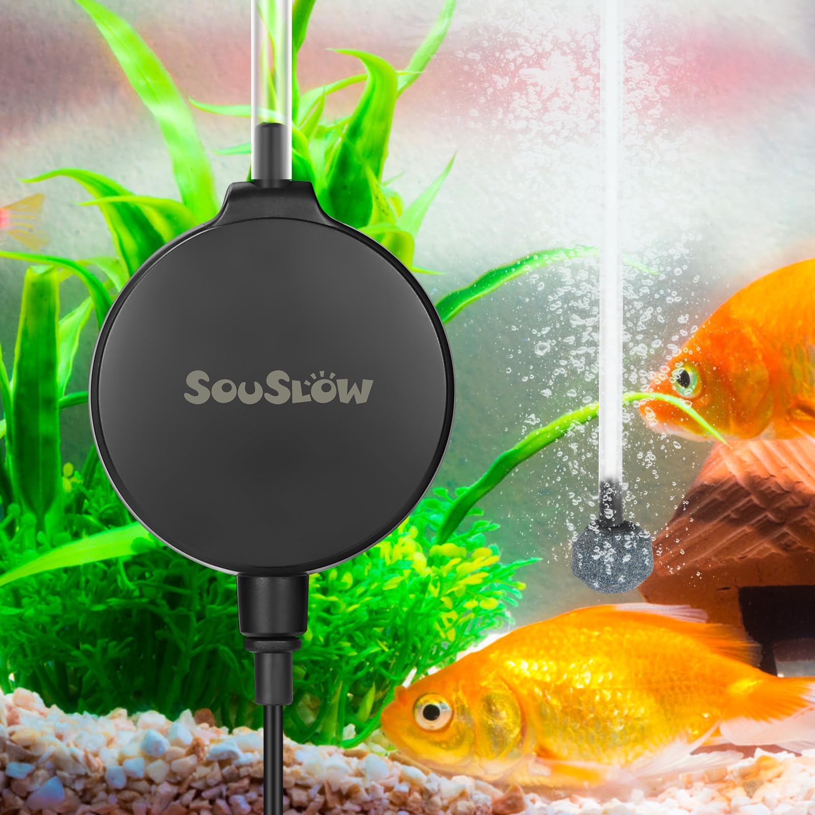 SOUSLOW Aquarium Air Pump, Mini Aquarium Oxygen Air Pump with Bubble Stone and Check Valve, Fish Tank Kit 1.3W, 450ml/h