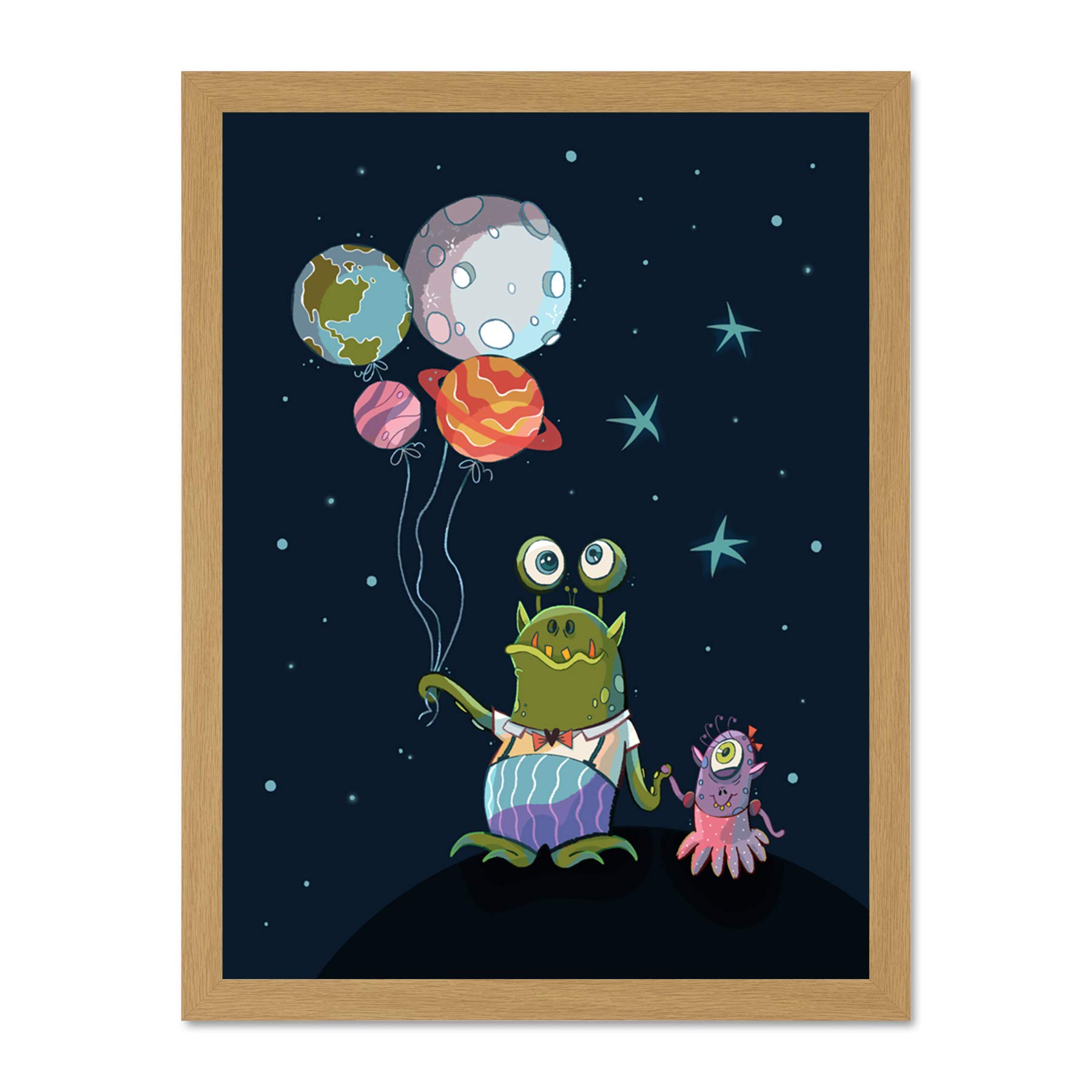 Wee Blue Coo Aliens Space Planet Balloons Large Framed Art Print Poster Wall Decor 18x24 inch