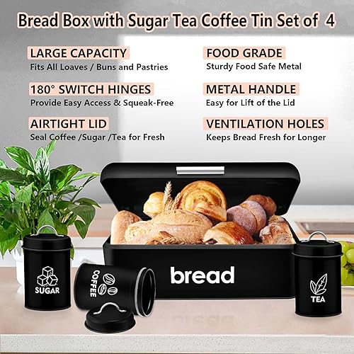 Miniatura 3 de TeamFar Caja de pan, caja de pan grande de metal con recipiente de café para té de azúcar, juego para encimera de cocina, lata de pan para panes,