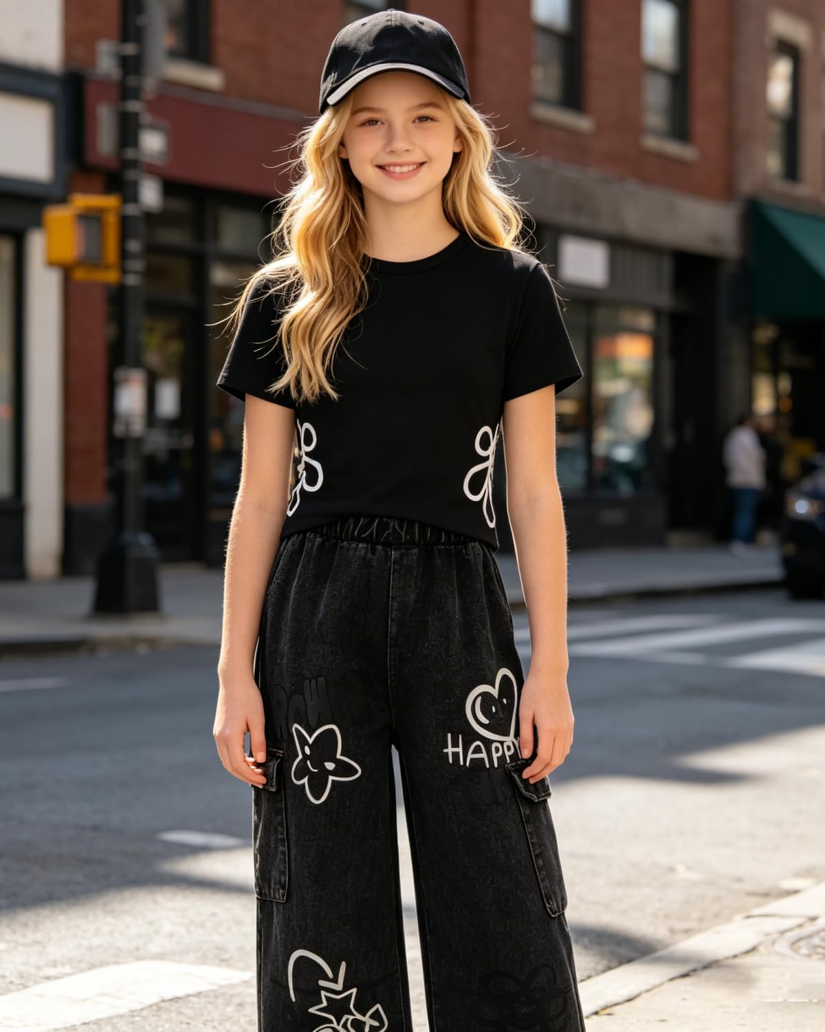 Sizes 7-14Y Tween Girl Summer Clothes Floral Print Short Sleeve T-Shirt + Wide Leg Pants 2 Piece Outfits(Not Jeans)