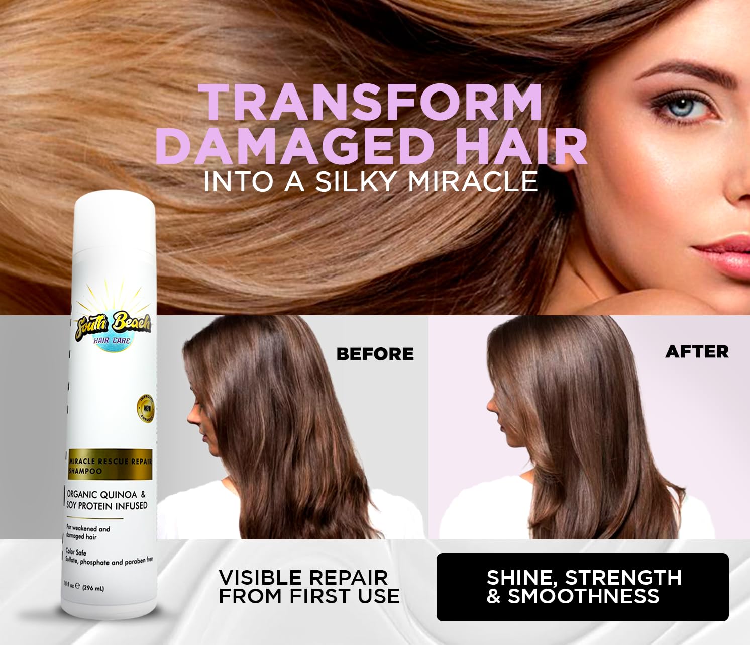 Miracle Repair Shampoo 10 Oz – With quinoa and soy protein – Sulfate-free, vegan shampoo for damaged, colored or processed hair – Professional formula.