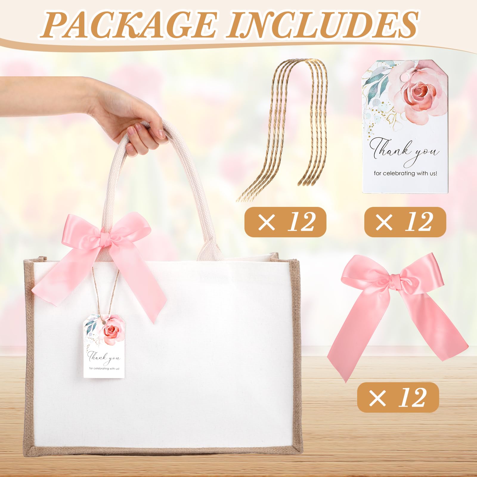 Paterr Confezione da 12 borse regalo in iuta con manici e nastri, riutilizzabili, impermeabili, per damigella d'onore, spiaggia, spesa, matrimoni, 37 x 26 x 17 cm, cachi, bianco