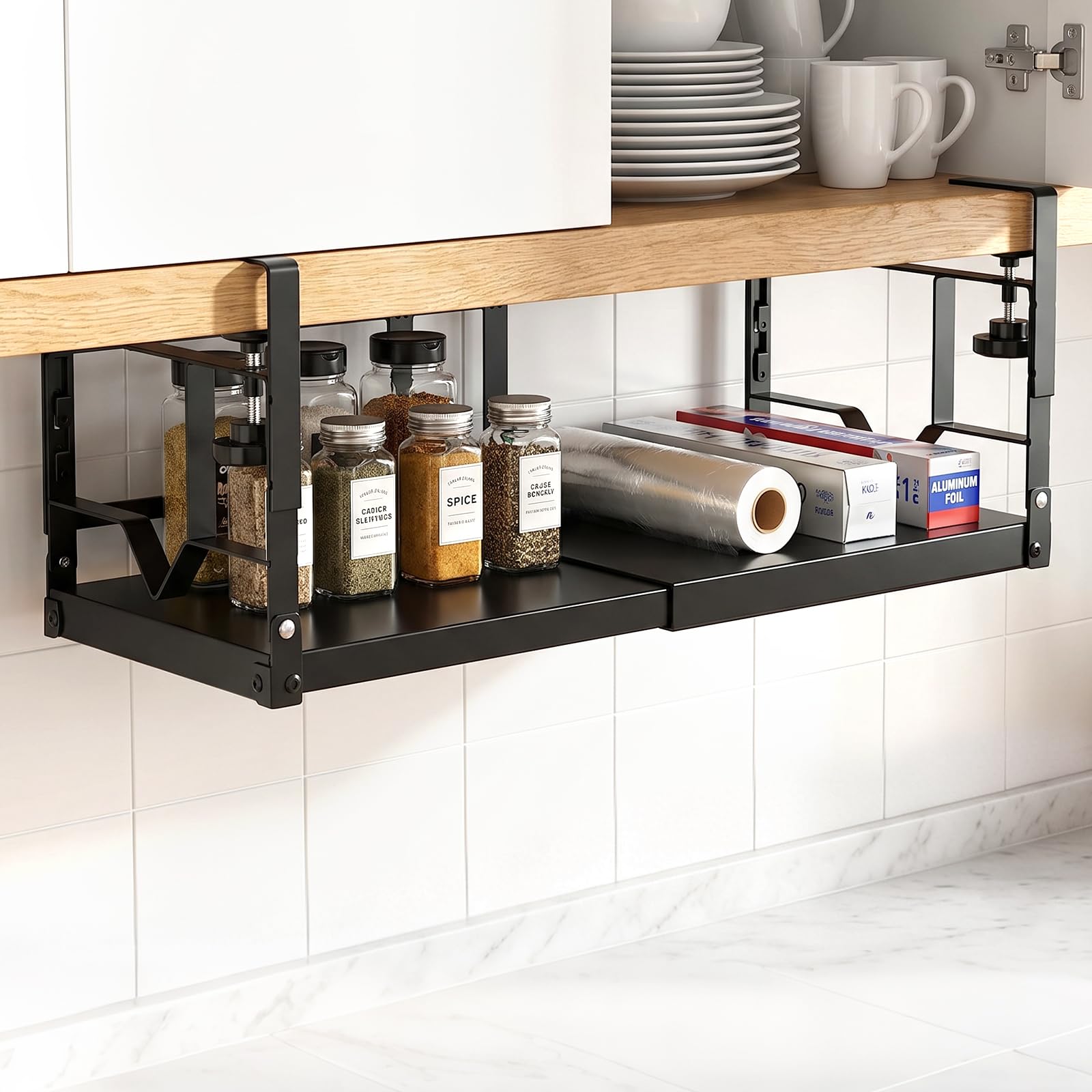 Expandable Under Desk Storage Shelf, Metal Hanging Storage Basket Under Cupboard Storage, Adjustable Under Shelf Drawer, Shallow Cabinet Shelf For Kitchen Cabinet, Pantry, Bedroom, Closet, Bathroom