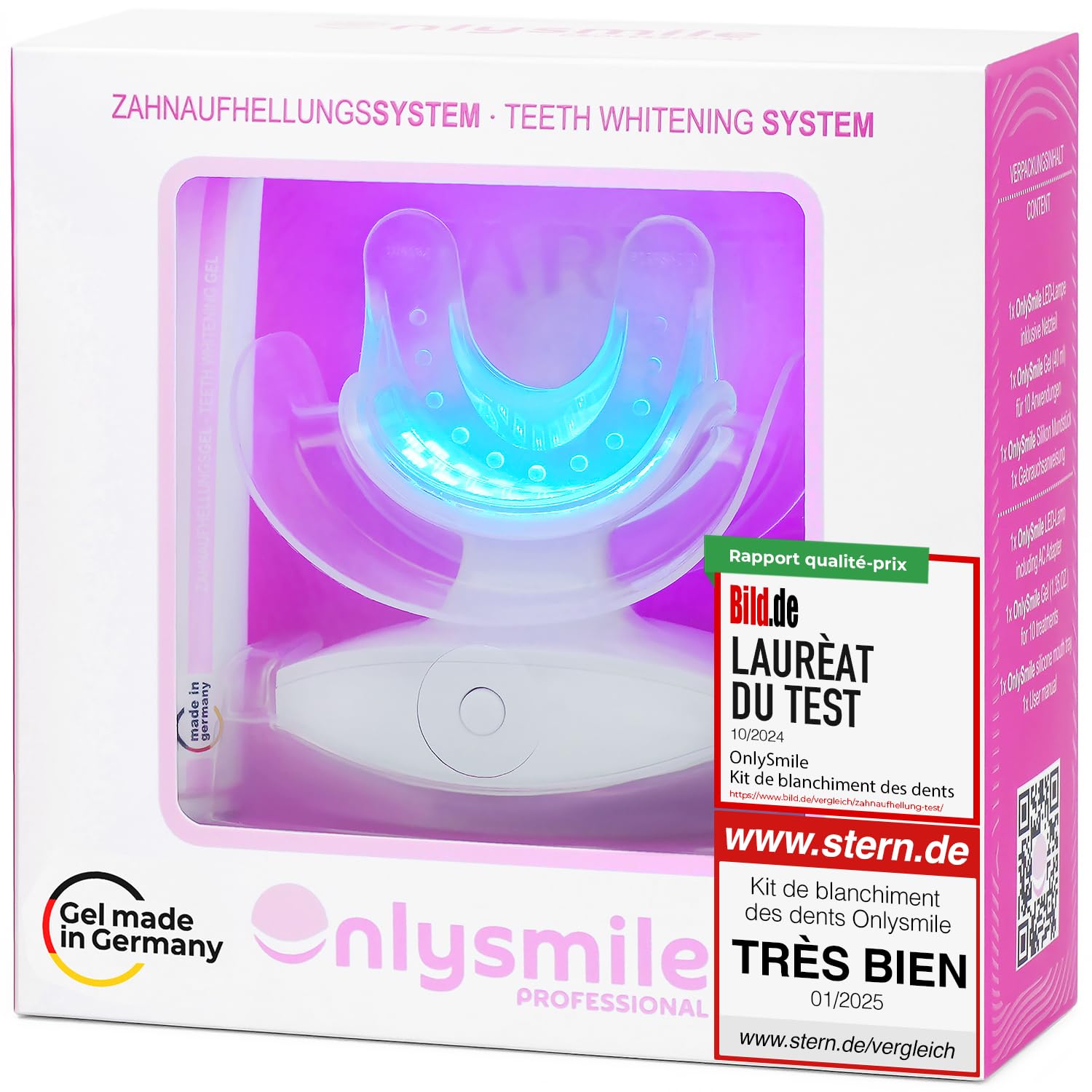 OnlySmile Kit de Blanchiment Dentaire Professionnel – Vainqueur du Test 2024-2025 – Gel & Lampe LED pour Blanchir les Dents, Kit de Blanchiment des Dents à domicile, Blanchisseur de Dents Indolore