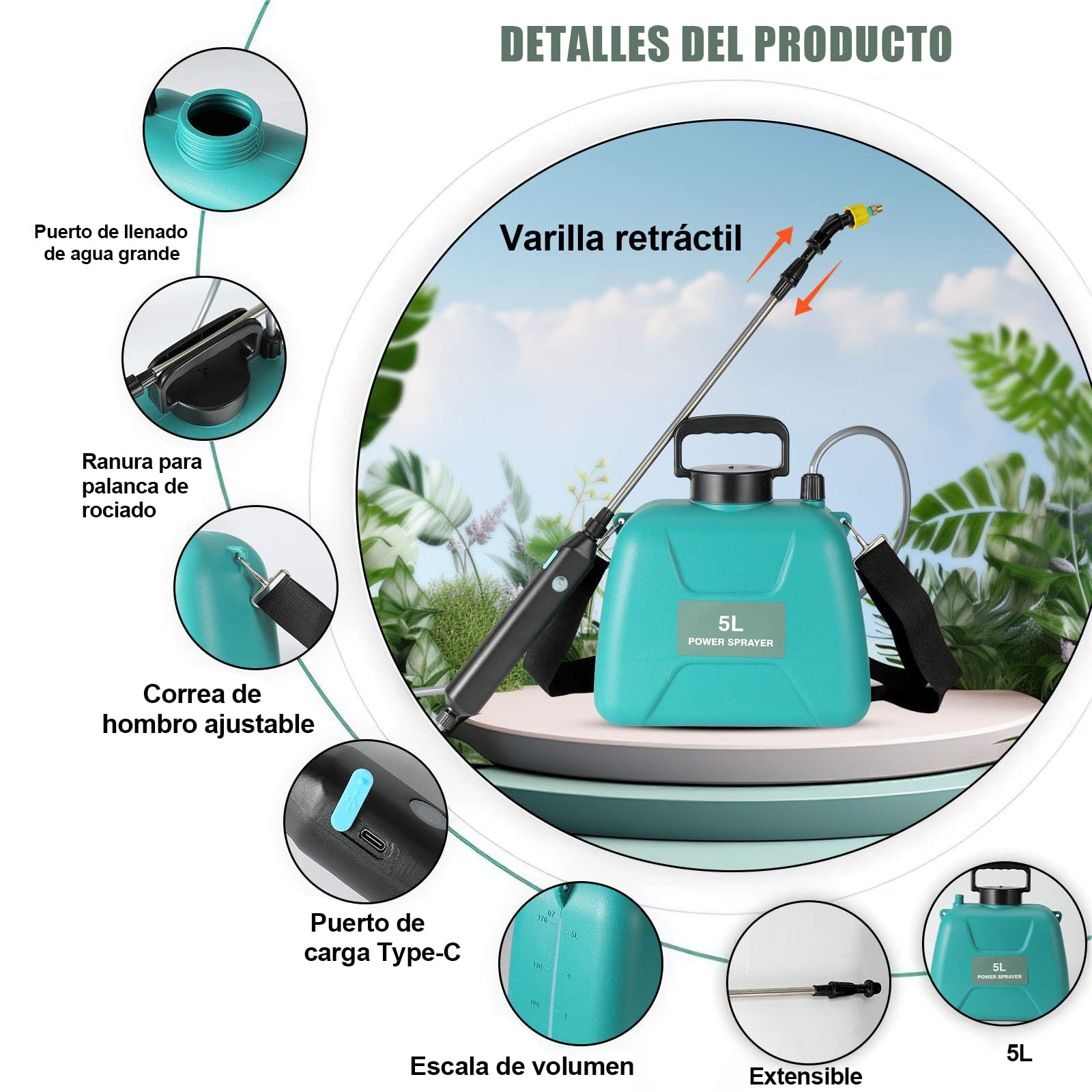 Pulverizador Electrico 5L,Sulfatadora Bateria,5 Modos de Rociado y Correa Ajustable,60 cm Varilla Pulverizadora Telescópica,Carga USB‑C,para Deshierbe, Fertilización y Riego