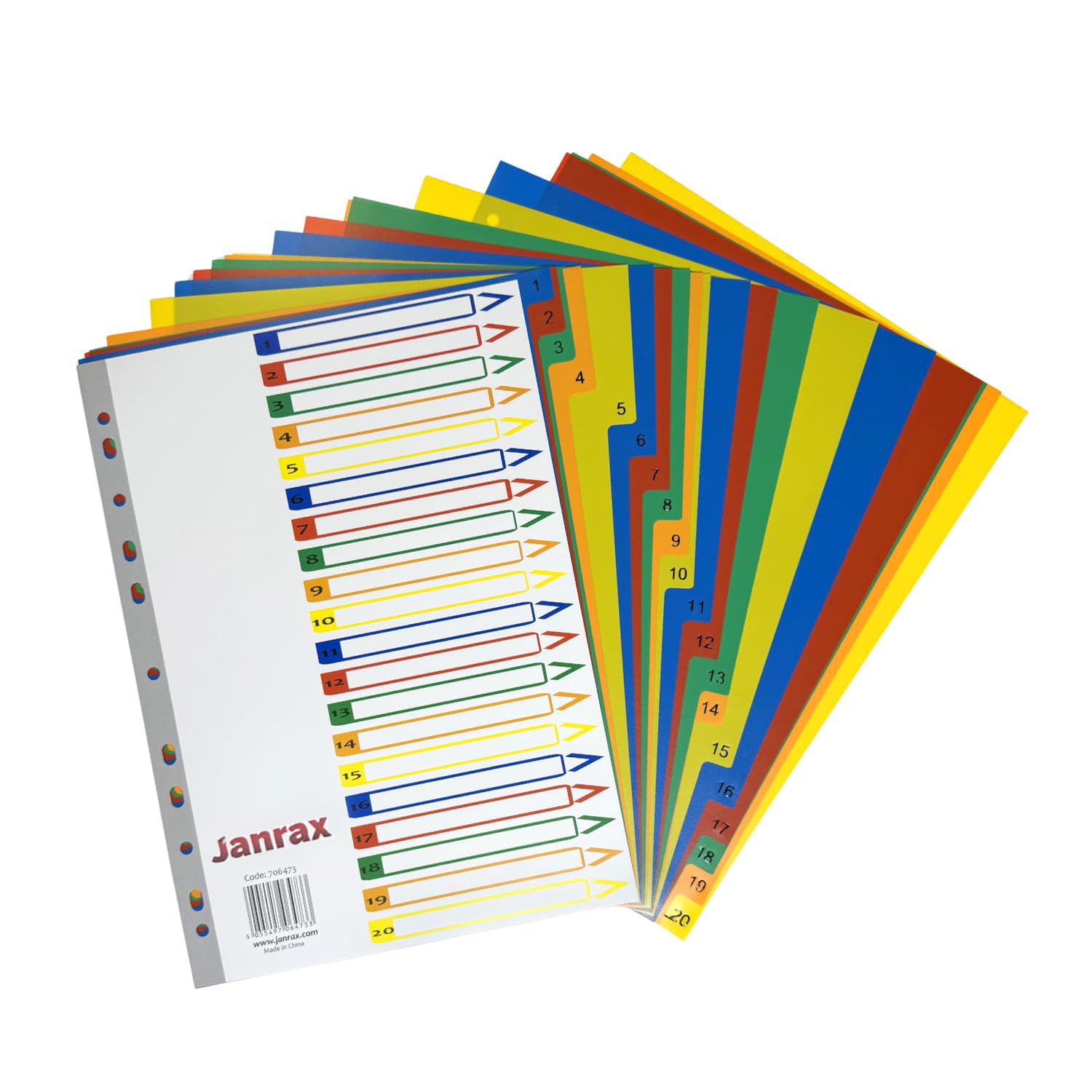 Pack of 10 Janrax A4 20 Part Polypropylene Dividers with Index Cover, 120 Micron Multipunched PP Tab Dividers, Assorted Colour Tabs, Tear Resistant for Ring Binders and Lever Arch Files