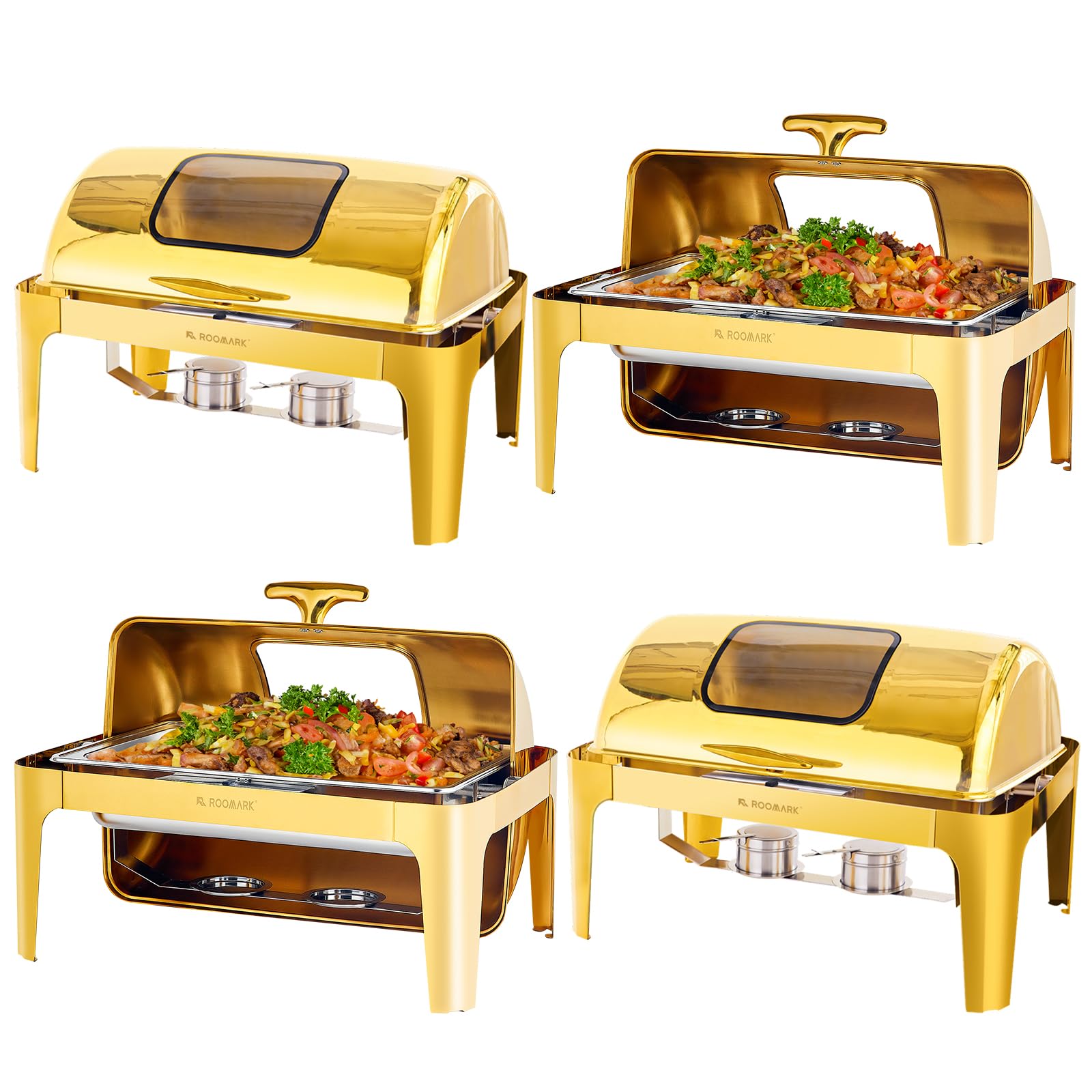 4Pcs Chauffe-Plat Rectangulaire 9L, Buffet Chauffant avec Couvercle Rabattable Visible, Réchaud en INOX avec Bac Pleine Taille, pour Buffet Libre-Service Hôtel Traiteur Restauration, Doré
