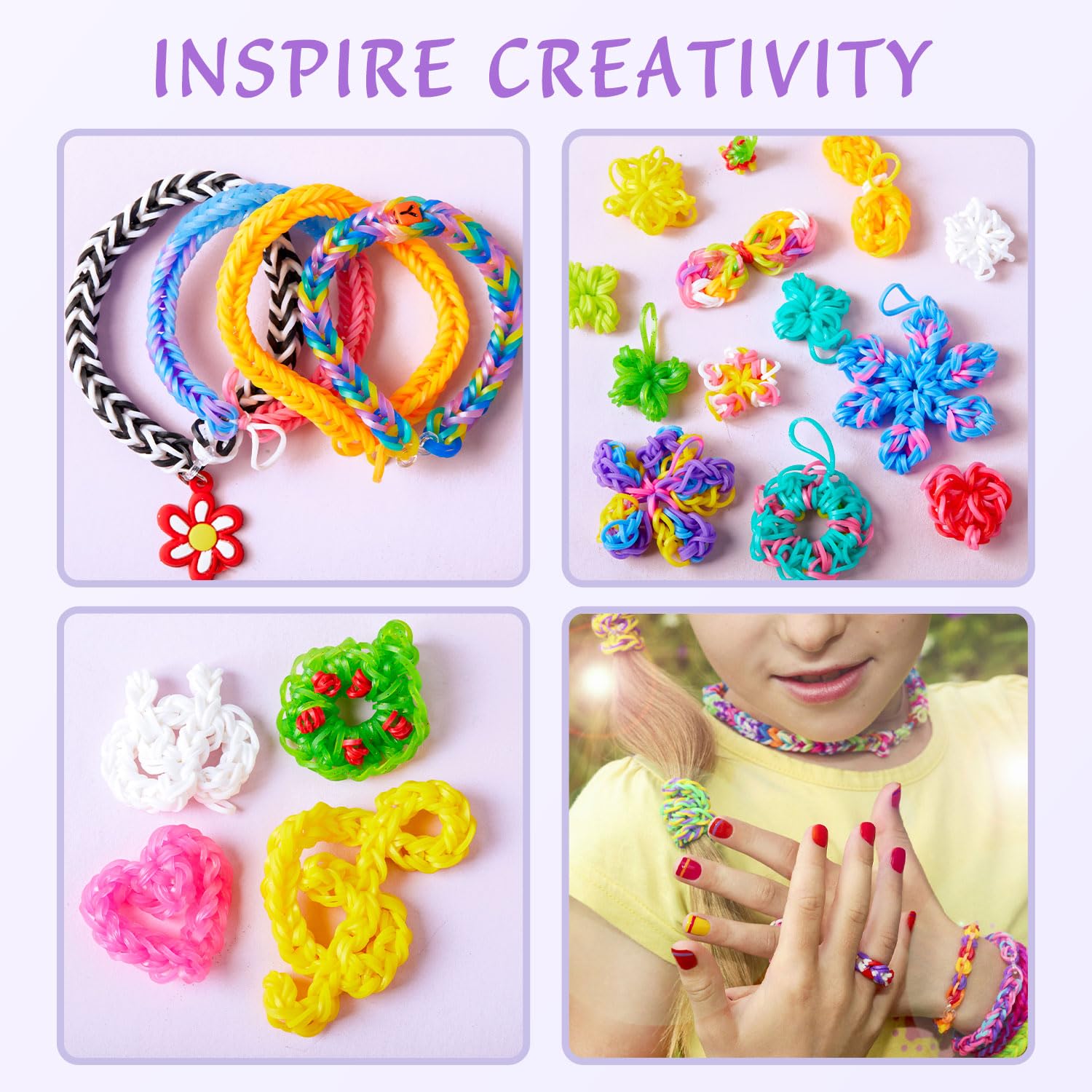 INSCRAFT 17490+ elastici in gomma, kit di ricarica per braccialetti in 28 colori, con contenitore a 3 strati, 600 clip a S, 352 perline, 40 ciondoli a forma di cartone animato, regalo di Natale per