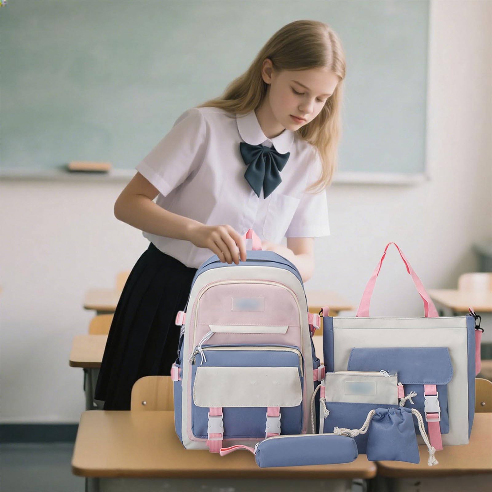 Juego de mochila para niños con bolsa de almuerzo, estuche para lápices, kit de mochila escolar de 5 piezas, mochila ligera y duradera para estudiantes de jardín de infantes, Bu1, Talla única