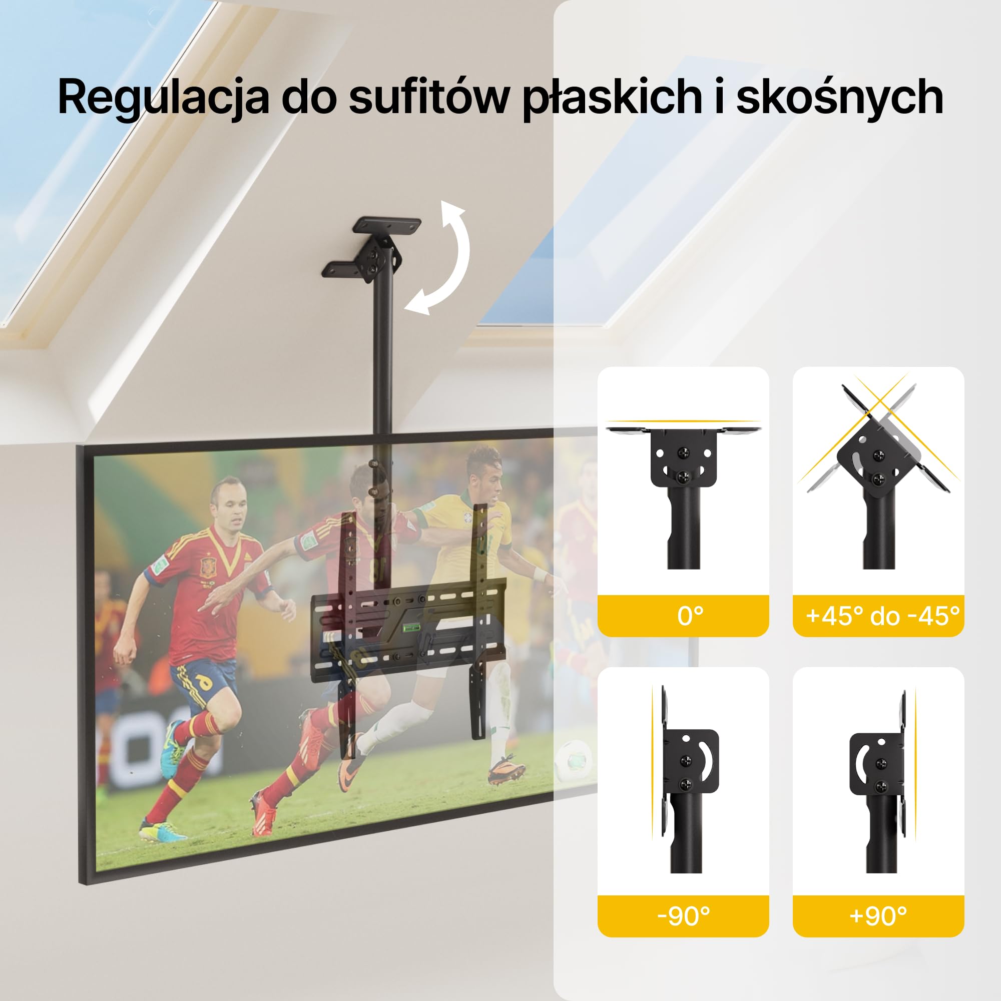monTEK Uchwyt sufitowy pod telewizor 37-75" | Możliwość pochylenia i wychylenia, Do 50 kg, Regulacja wysokości, Płaski dach lub dach skośny