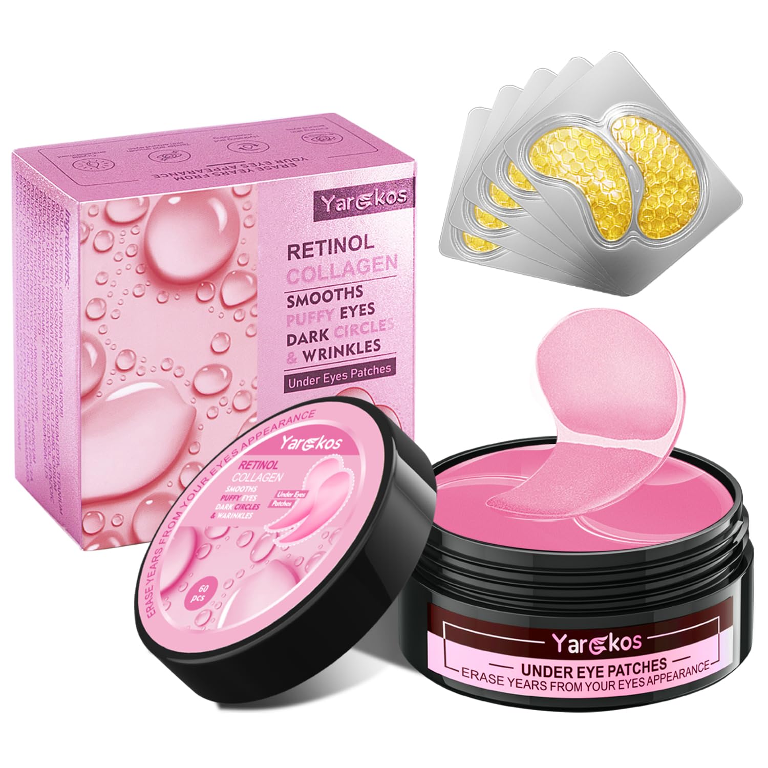 Yargkos Pink Eye Mask 60Pcs, 5 Portable 24K Gold Collagen Under Eye Patches, 30 Pairs Hydrating Undereye Gel Pads for Women Men Dark Circles Puffy