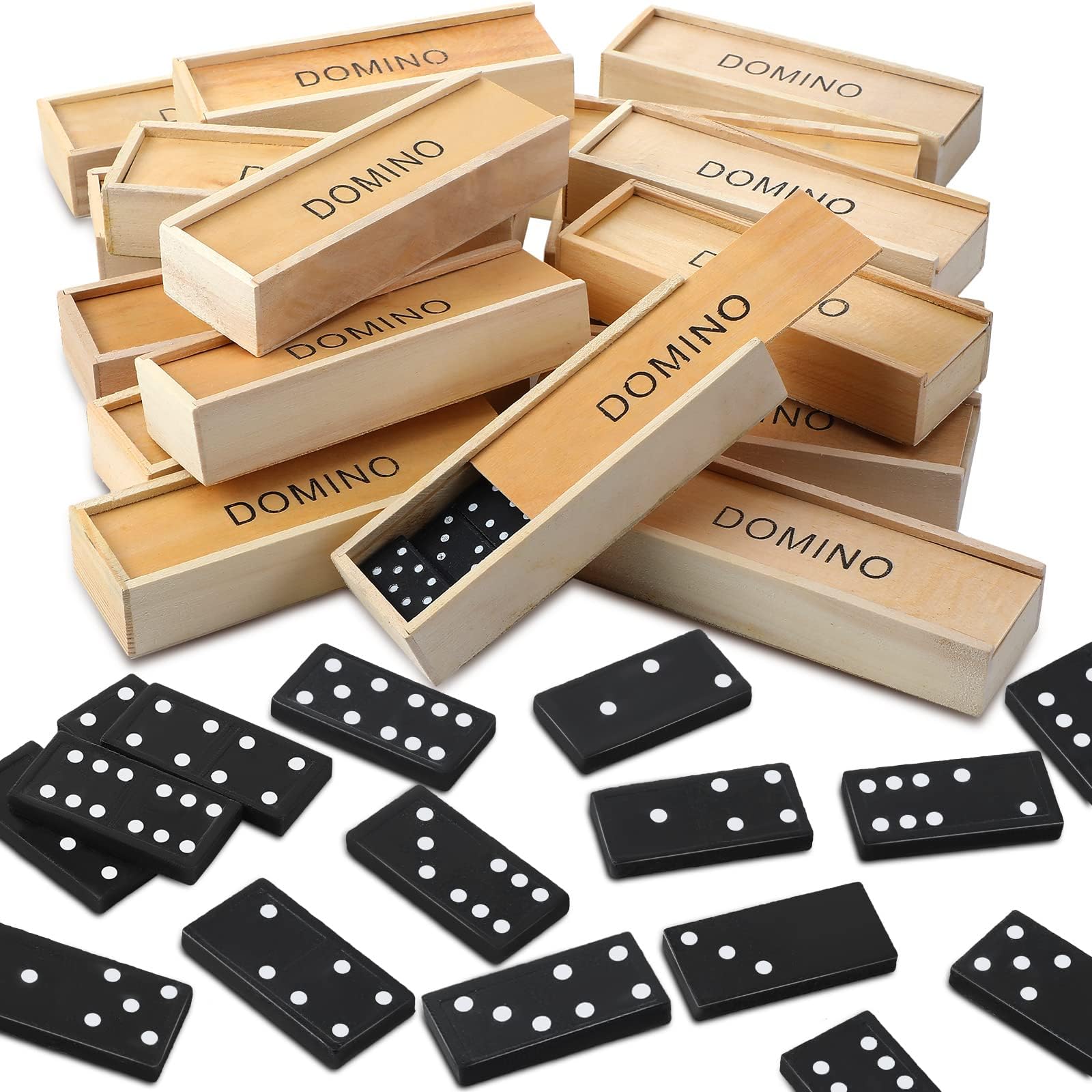 Deekin 50 Pack Mini Dominos Set for Kids and Adults Bulk 28 Tiles Double 6 Dominoes Game Domino Party Favors Wooden Board Games with Wood Case Family Games Toys for Child Gifts Travel
