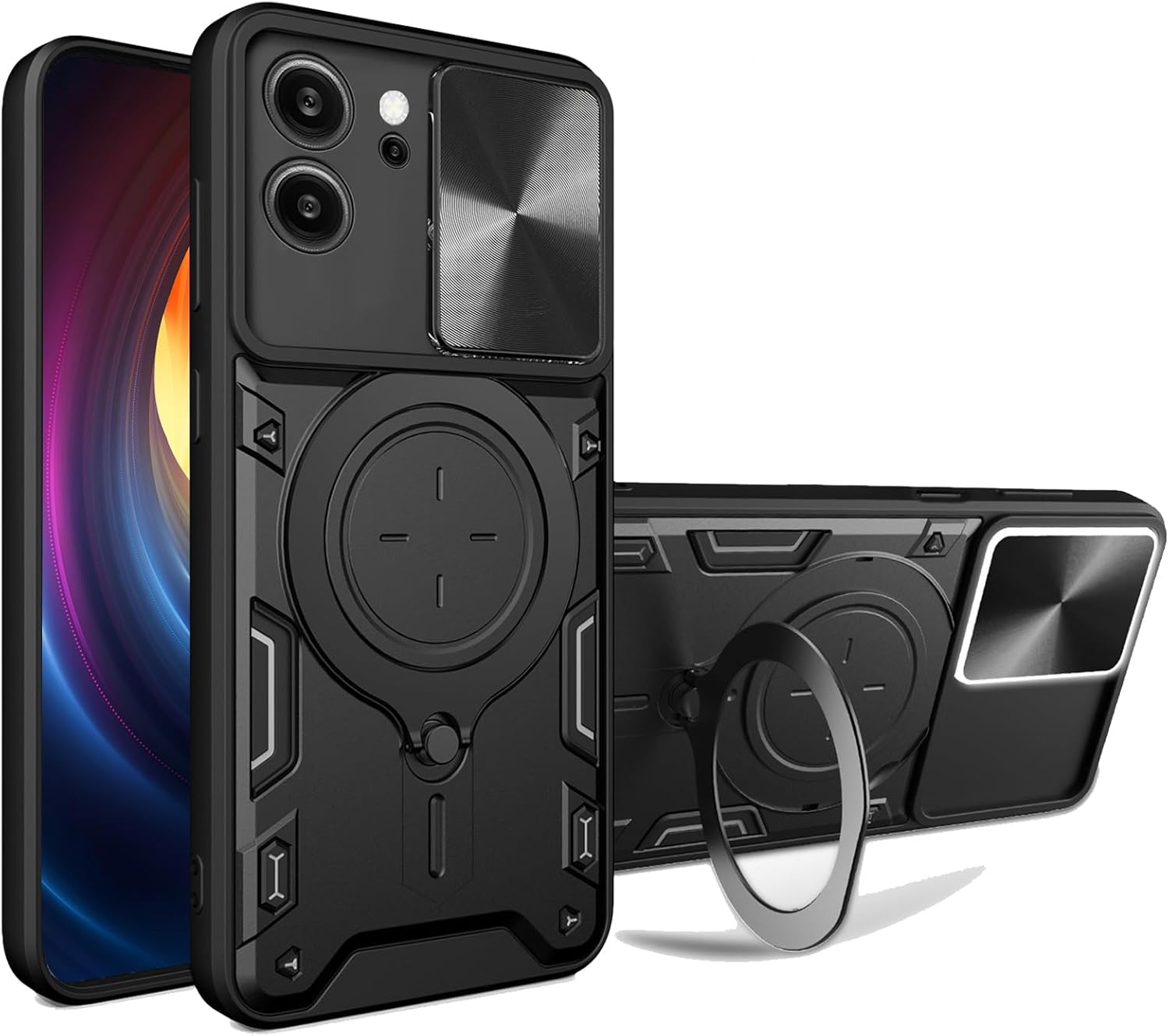 Ysnzaq Armor Case for Vivo V29 5G 6.78″, Lens Sliding Phone Cover with Magnetic Coil Bracket for Vivo V29 5G CQ Black