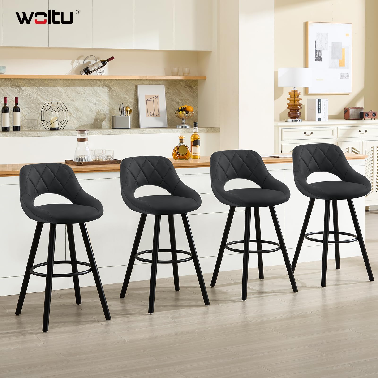 WOLTU Taburete Cocina Alto con Respaldo Ahuecado y Reposapiés, para Bistro, Cafeteria y Cocina, con Funda de Tela Sintética y Patas de Madera, Antracita