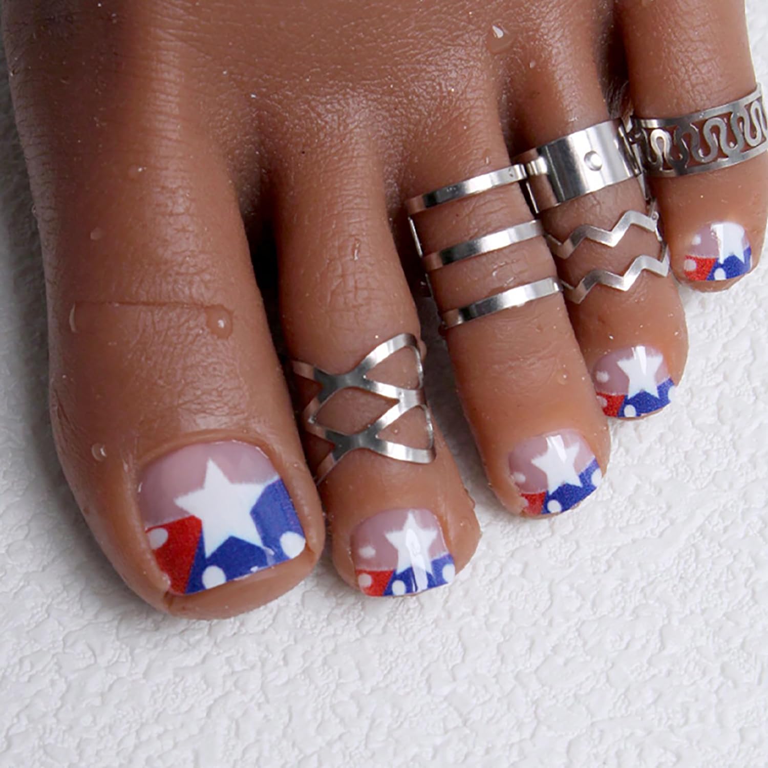 24Pcs Independence Day Star Press on Toenails Short Square Fake Toenails with Designs 4th of July Acrylic Nails Glue on Nails Patriotic False Toenails