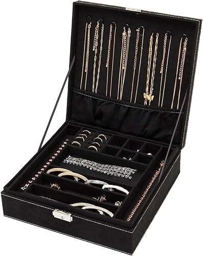 Miniatura 9 de Caja organizadora de alhajas con dos capas con cerradura y llave textura de terciopelo charola extraíble compacta amplio espacio de almacenamiento