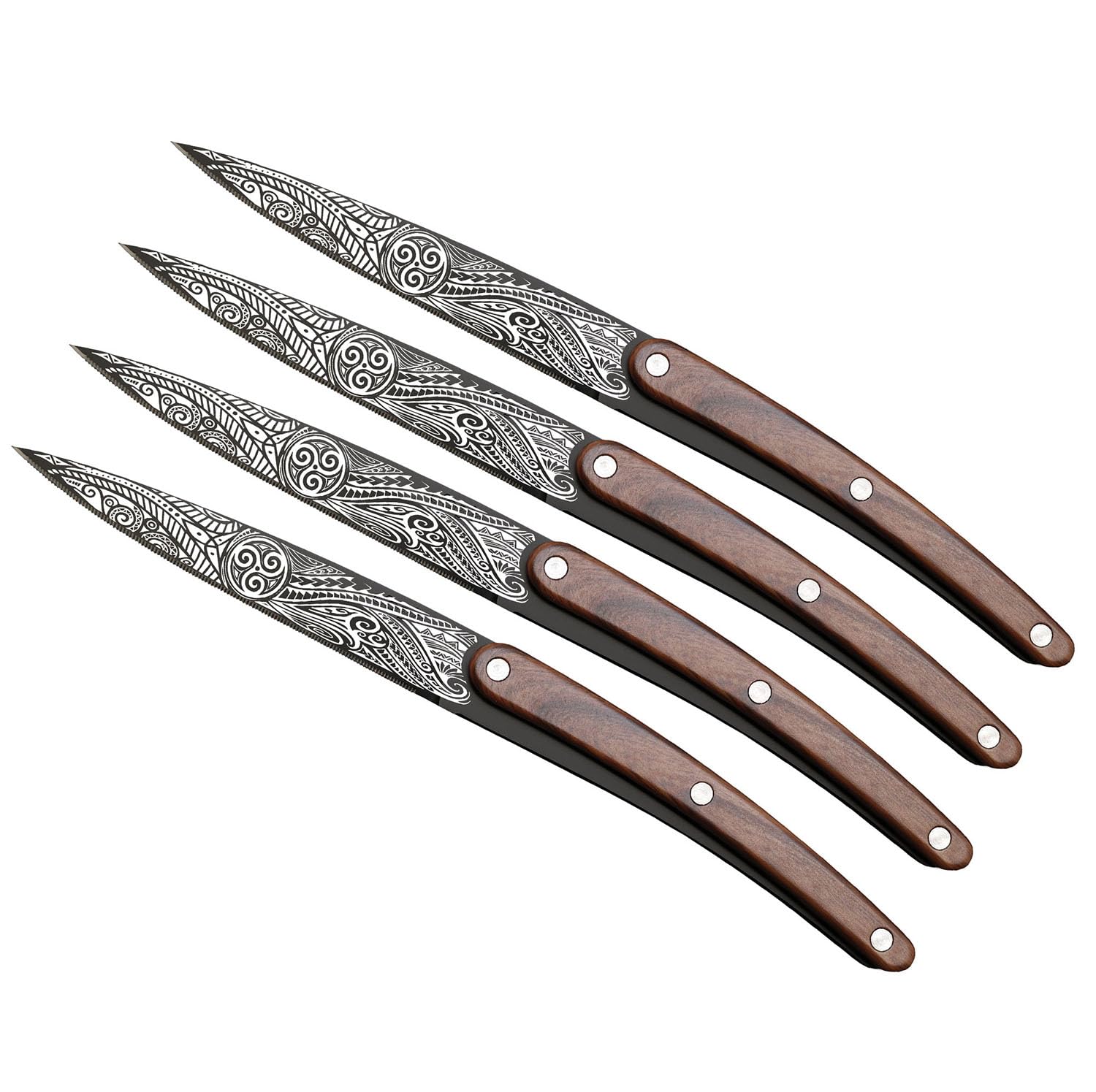 deejo - Lot de 4 Couteaux de Table Restaurant - Motif Triskell - Manches Polycarbonate et ABS Façon Palissandre, Lames Fixes Micro-Dentés Acier Inoxydable 2CR14 - Finition Titane Noir