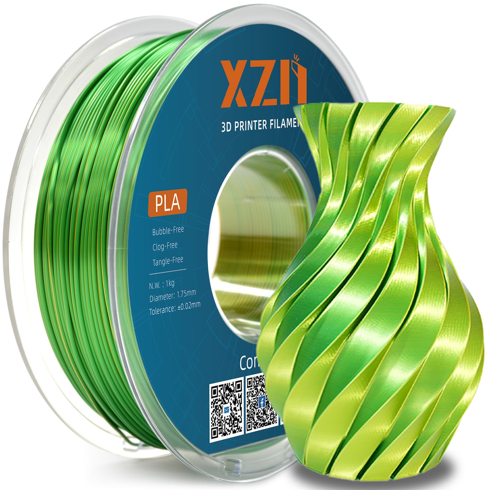 Silk PLA Filament 1.75mm Dual Color Yellow Green 1KG, Metal-Like Shiny 3D Printer Filament, Precision ±0.02mm, Neatly Wound, No Clog/Bubble, Excellent Layer Adhesion, Fits Most FDM Printers