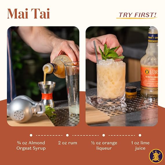 Liber & Co. Almond Orgeat Syrup - Made with California Almonds & Orange Blossom Water - Makes 25 Drinks - Essential for Authentic Mai Tais, Tiki Drinks, and Coffee (12.7 oz)