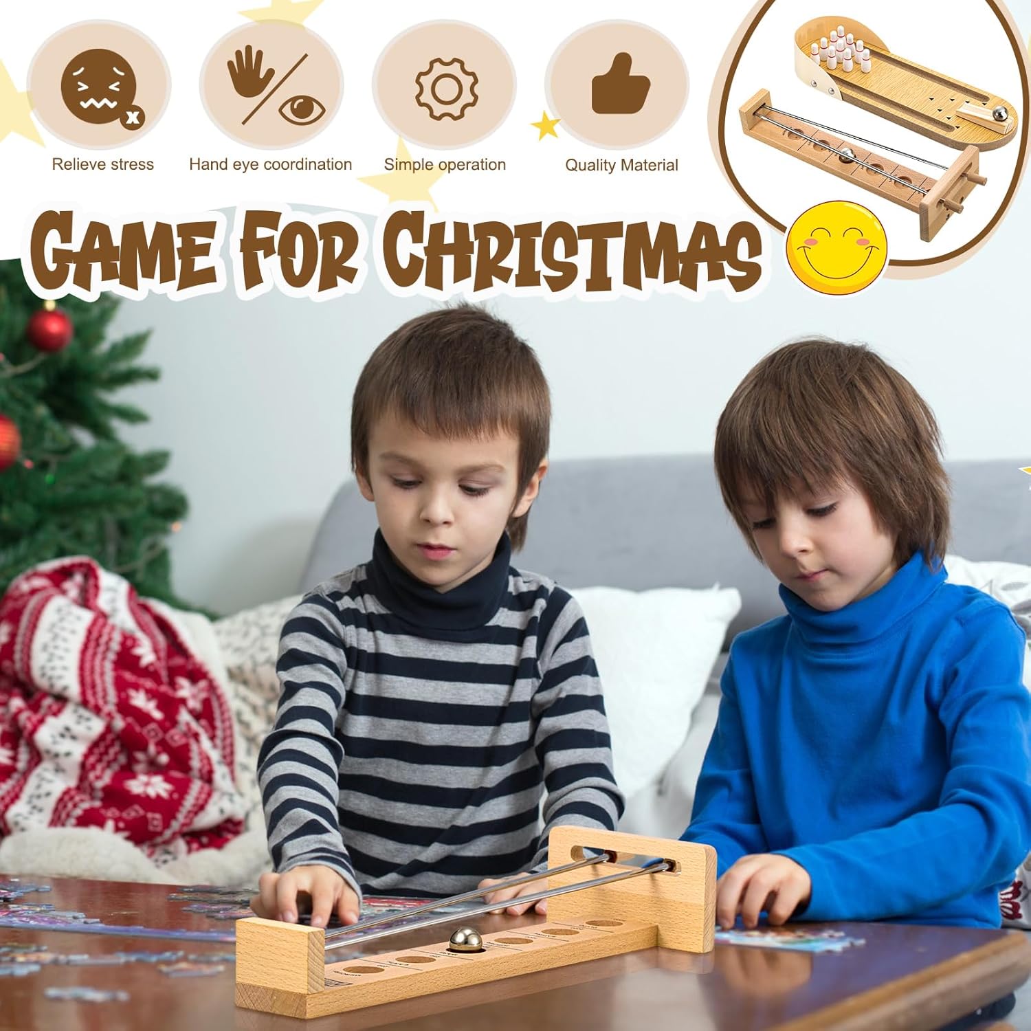 Deekin 2 Set Desktop Shoot the Moon Game Table Top Mini Bowling Game Set Classic Steel Ball Wooden Tabletop Games Wooden Board Mini Arcade Table Games Bowling Set Gag Gifts for Adult Teen Office Desk