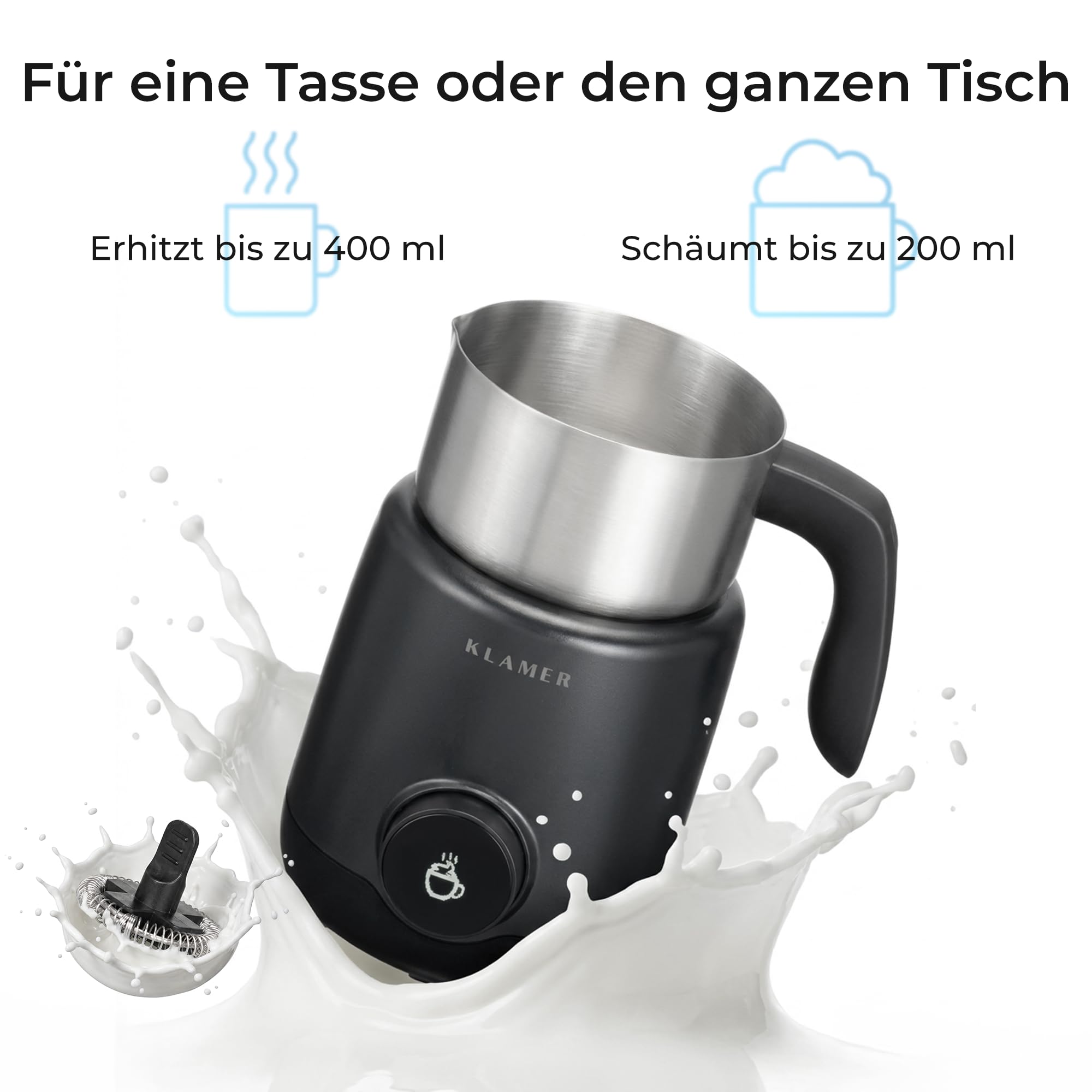 KLAMER Milchaufschäumer Elektrisch 550W, Milchschäumer mit Display & 7 Programmen: Aufschäumen Warm & Kalt, Heiße Schokolade, Hafermilch & Babymilch, Edelstahl 400 ml