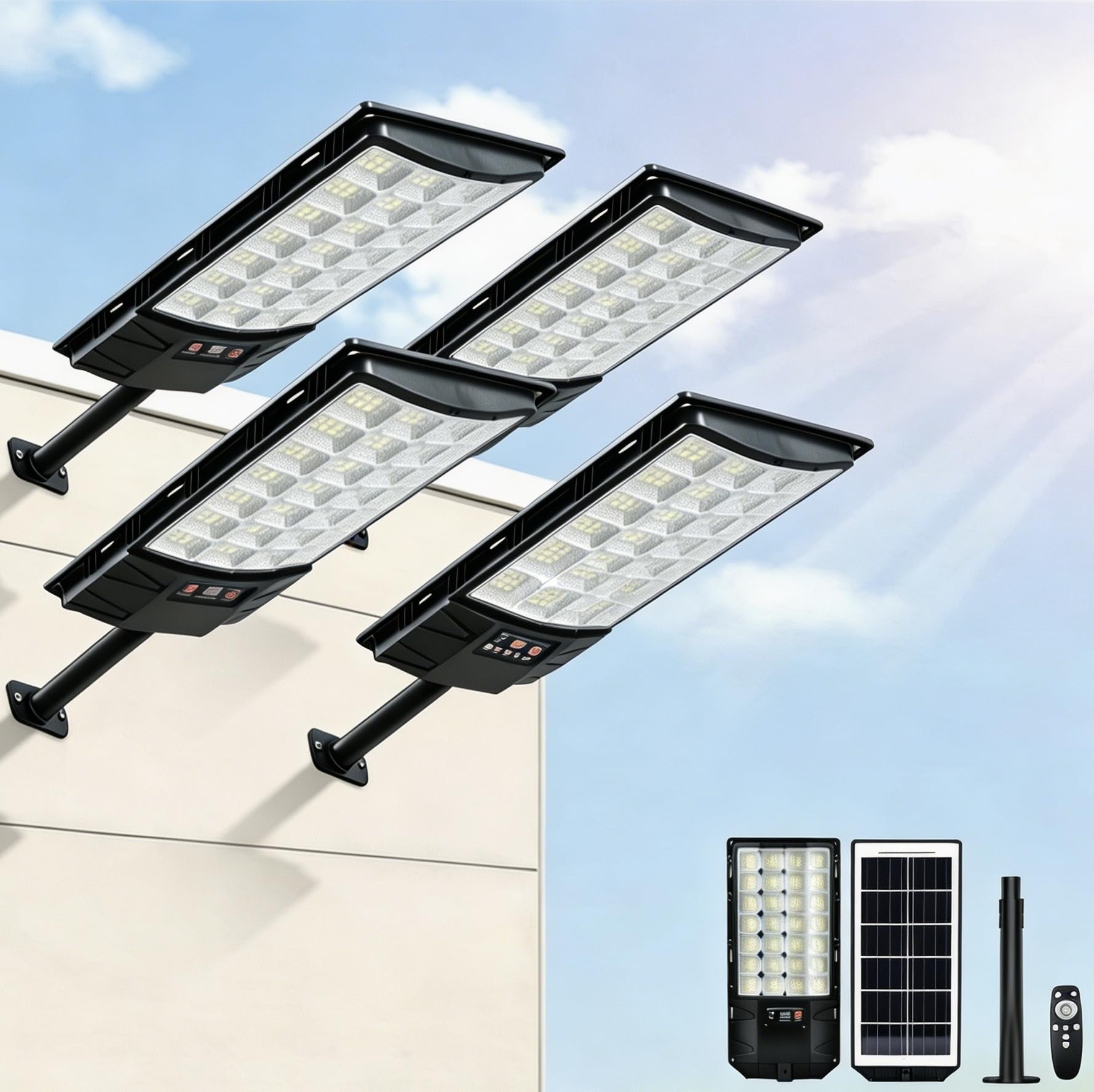 Photo 1 of **USED, INCOMPLETE** PCYIS Solar Street Lights Outdoor, 2-Pack 45000LM, Dusk to Dawn Motion Sensor Light with Remote, 7500K LED Solar Flood Light, IP67 Waterproof Wall Mount Security Light for Yard, Garage, Driveway