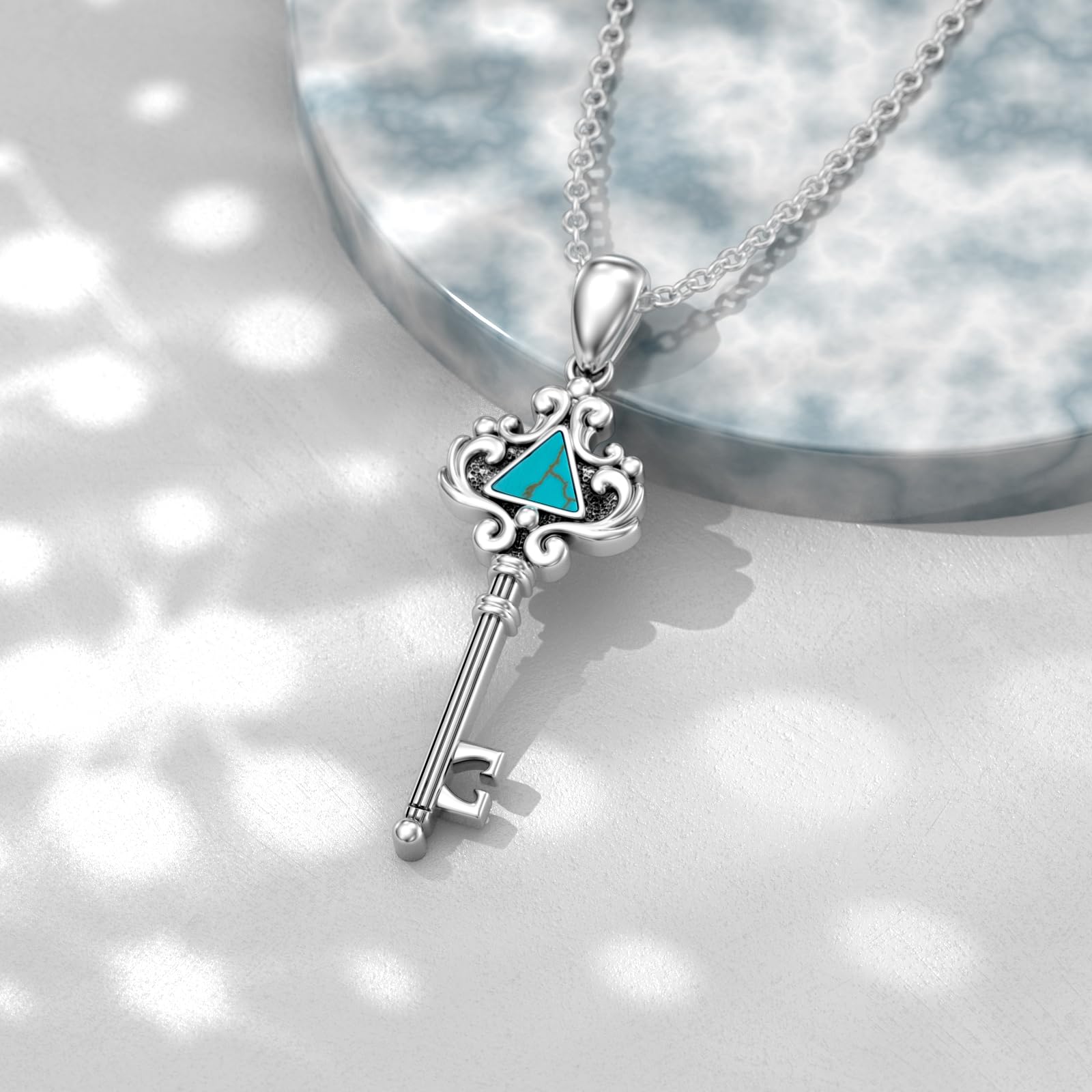 Schlüssel-Halskette 925er-Sterlingsilber Dreieck echter Türkis-Edelstein Schlüsselanhänger Western-Bohemian-Schmuck Geschenke für Frauen