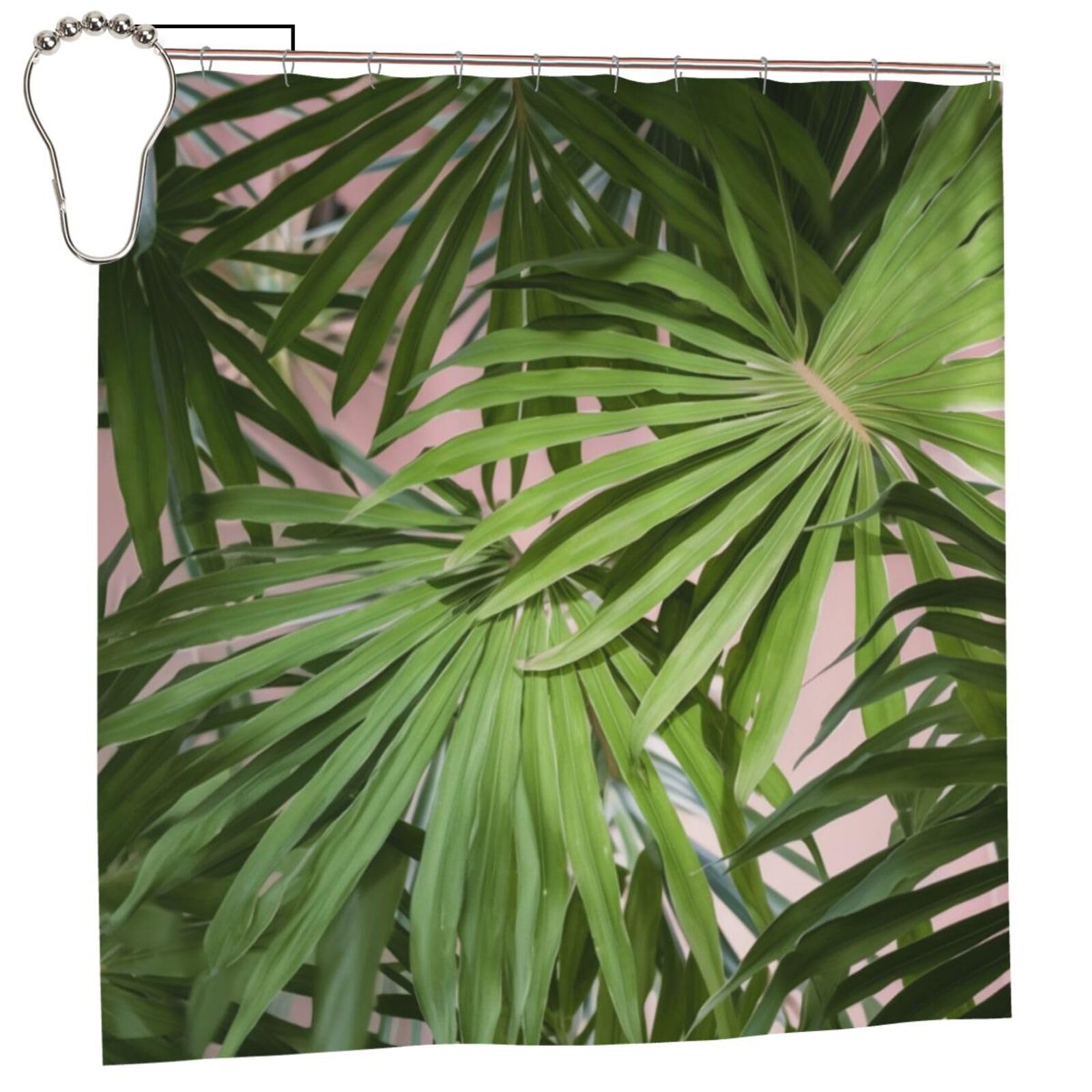 BWWHCCTI Palm Tree Leaves Printed Shower Curtain With 12 Iron Hooks Opaque Quick Drying Waterproof Shower Curtains Sets For Bathroom 183x183 CM