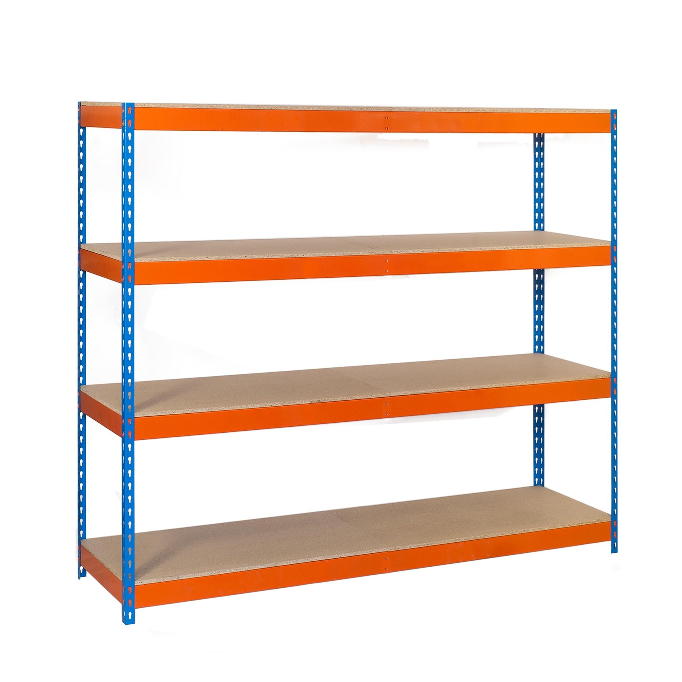 Simon Rack Estanteria Industrial, 2000x2100x600 mm, 500 kg de Punto Flexión, 4 Estantes Madera, Estanterias Almacenaje, Estanterias Metalicas, Azul/Naranja/Madera - SimonTaller