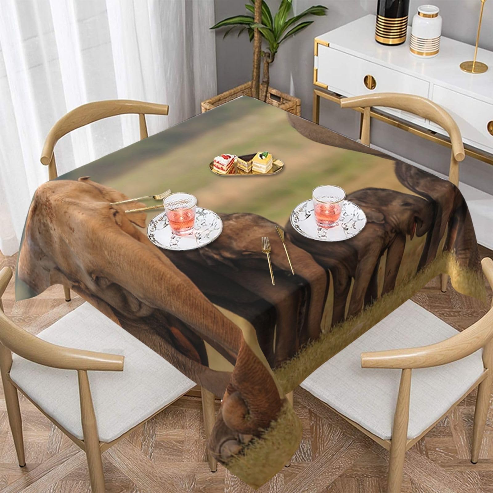 WPKJU Elephant Family Printed Square Tablecloth 54x54 inch Water Resistant Table Cover Washable Rectangle Table Cloth for Dining Tables