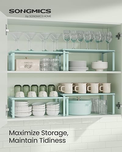 Vista 164 de SONGMICS Estante organizador de gabinete, juego de 2 estantes de encimera de cocina, almacenamiento de cocina, estante de especias, apilable, Blanco