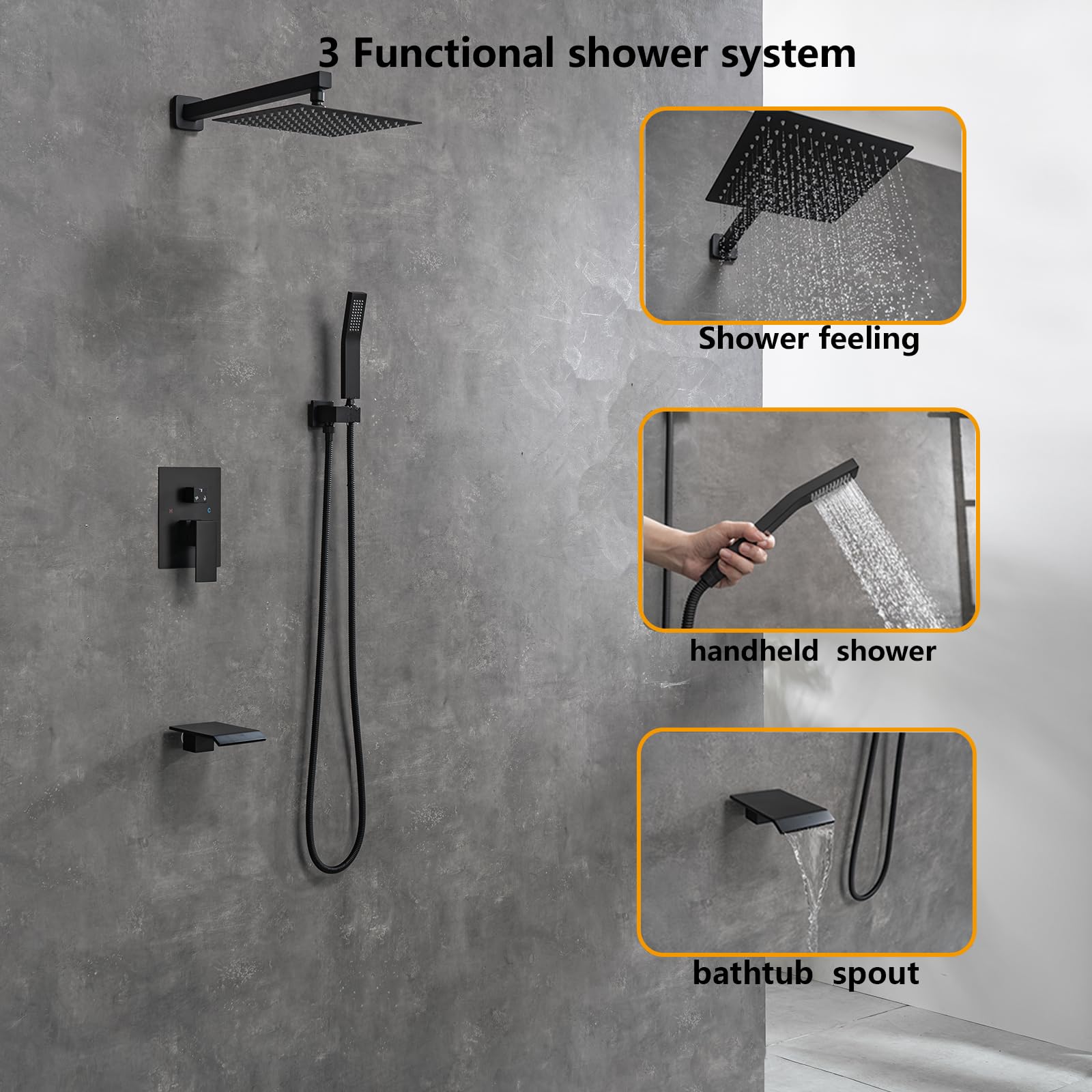 Regendusch-Set Mit Wannenauslauf – 25,4 Cm Regendusche + Handbrause, Schwarz